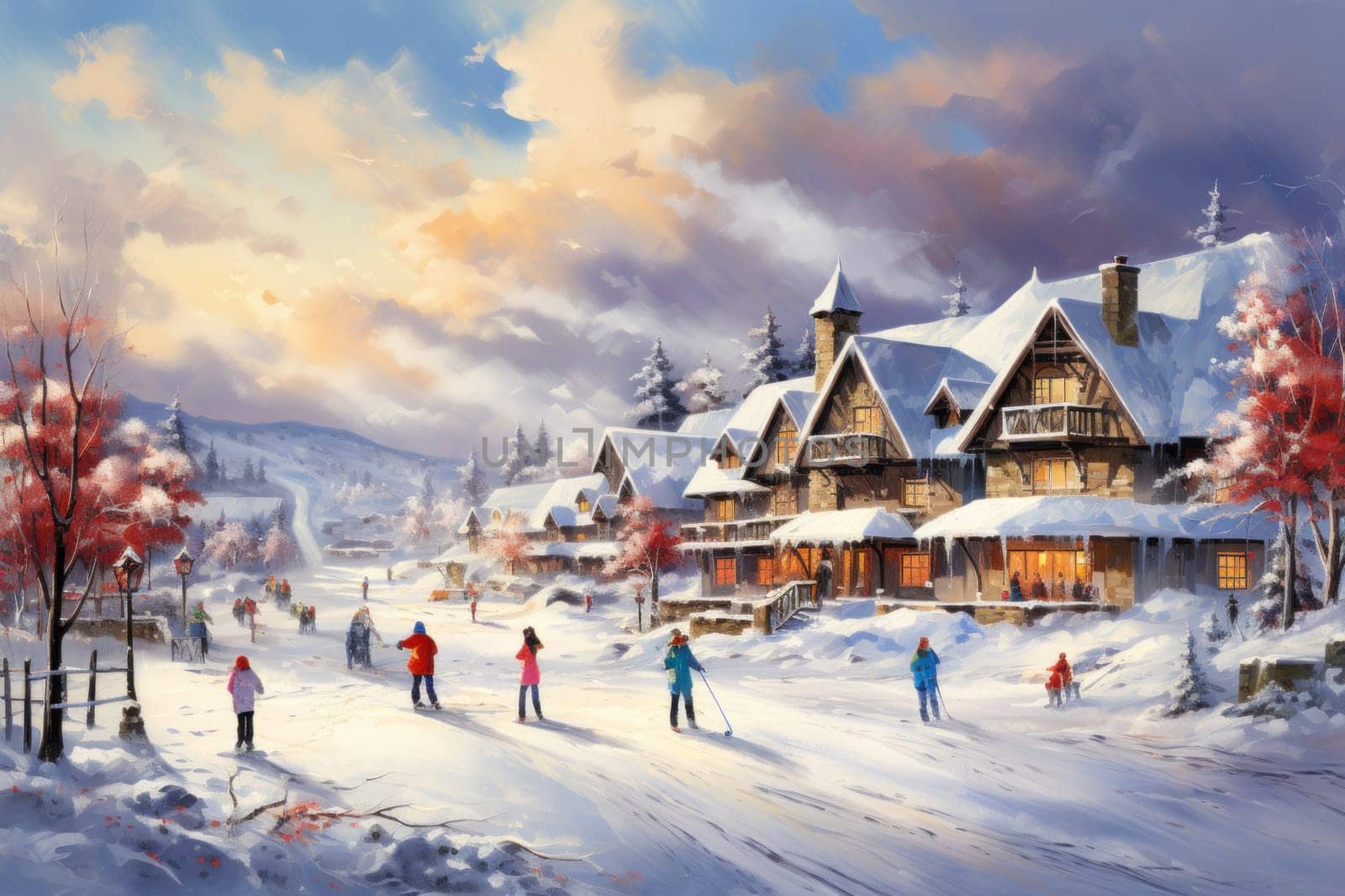 A dynamic portrayal of the winter wonderland at ski resorts, capturing the exhilaration and scenic beauty.