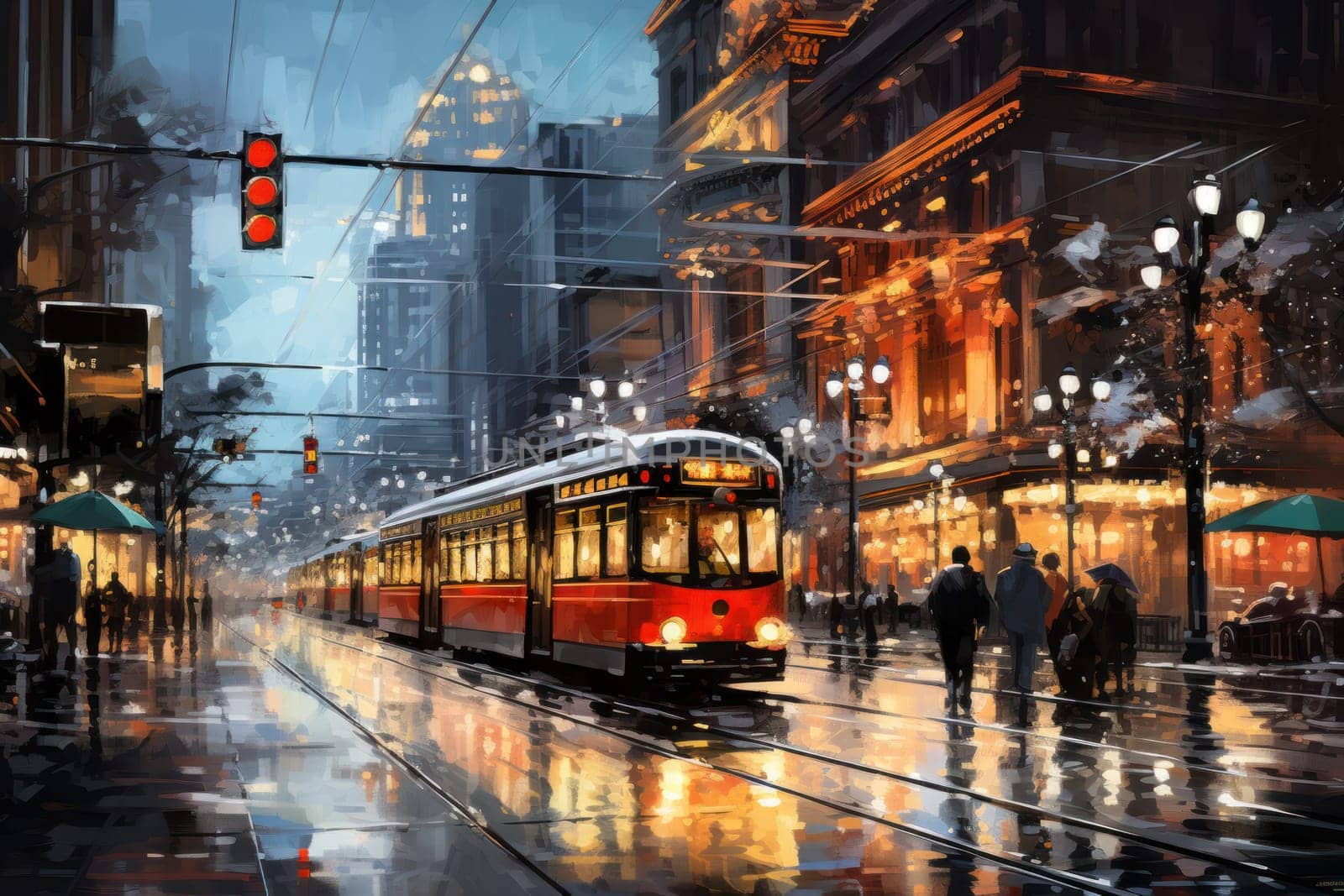 An evocative representation of urban life during winter, focusing on the enchanting vistas of city streets, buildings blanketed in snow, and the warm radiance of streetlights.