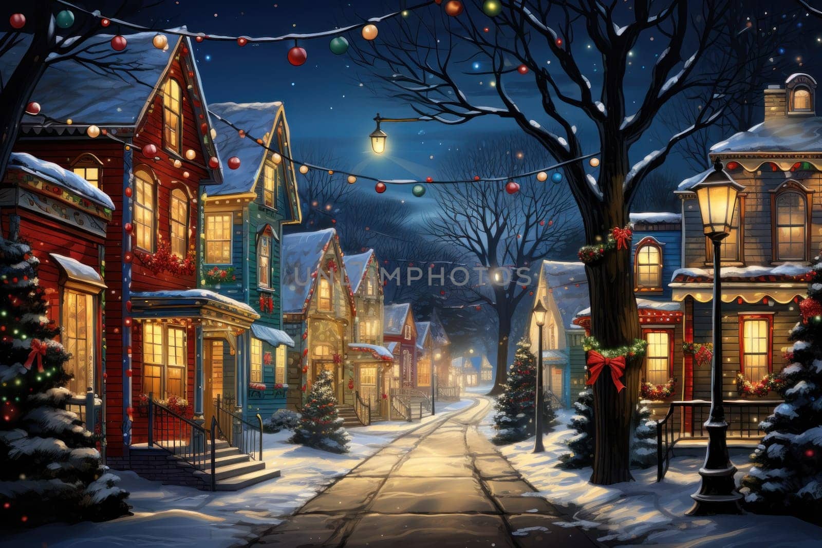 An enchanting portrayal of the holiday season, featuring the dazzling brilliance of Christmas lights, ornaments, and festive adornments that transform towns and neighborhoods into magical wonderlands.