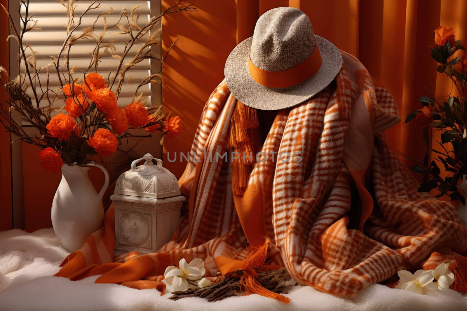 A chic portrayal of the winter season's fashion, highlighting stylish winter attire, including scarves, hats, and coats. This composition captures the elegance and coziness of winter wardrobe.