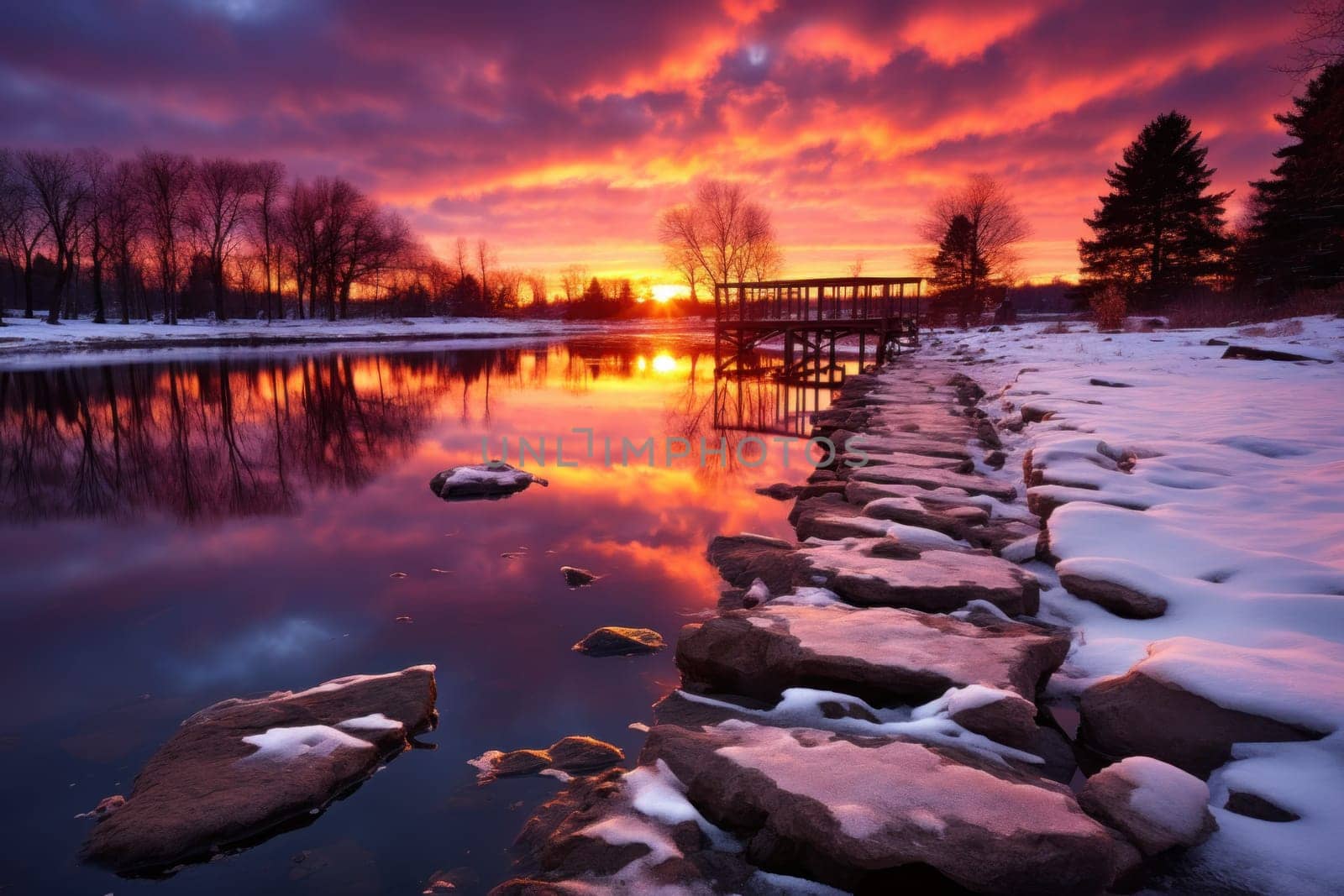 An exquisite visual representation of the winter skies, highlighting the unique color schemes and breathtaking beauty brought by the low-angled sun during winter sunrises and sunsets.