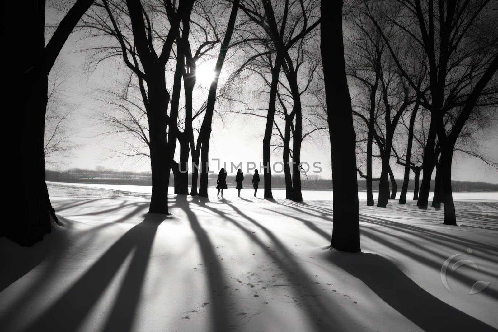 A striking visual display of the winter season, utilizing the extended shadows and sharp differences in lighting to craft captivating silhouettes against the snowy backdrop.