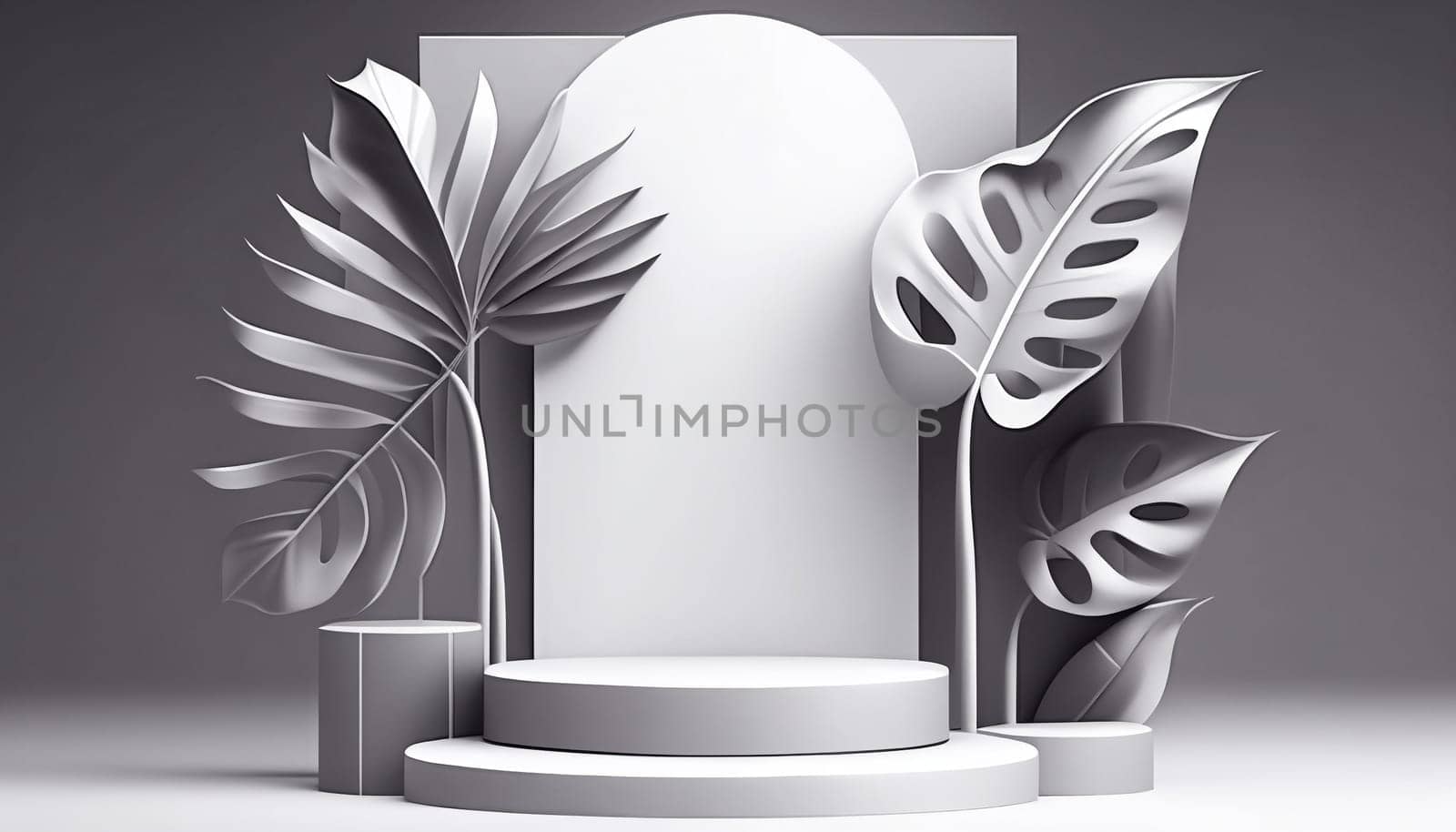 Abstract white 3D room with realistic white cylinder pedestal podium set and palm leaf shadow overlay. Minimal scene for product display presentation. geometric platform. Stage for showcase. Generative AI by Andelov13