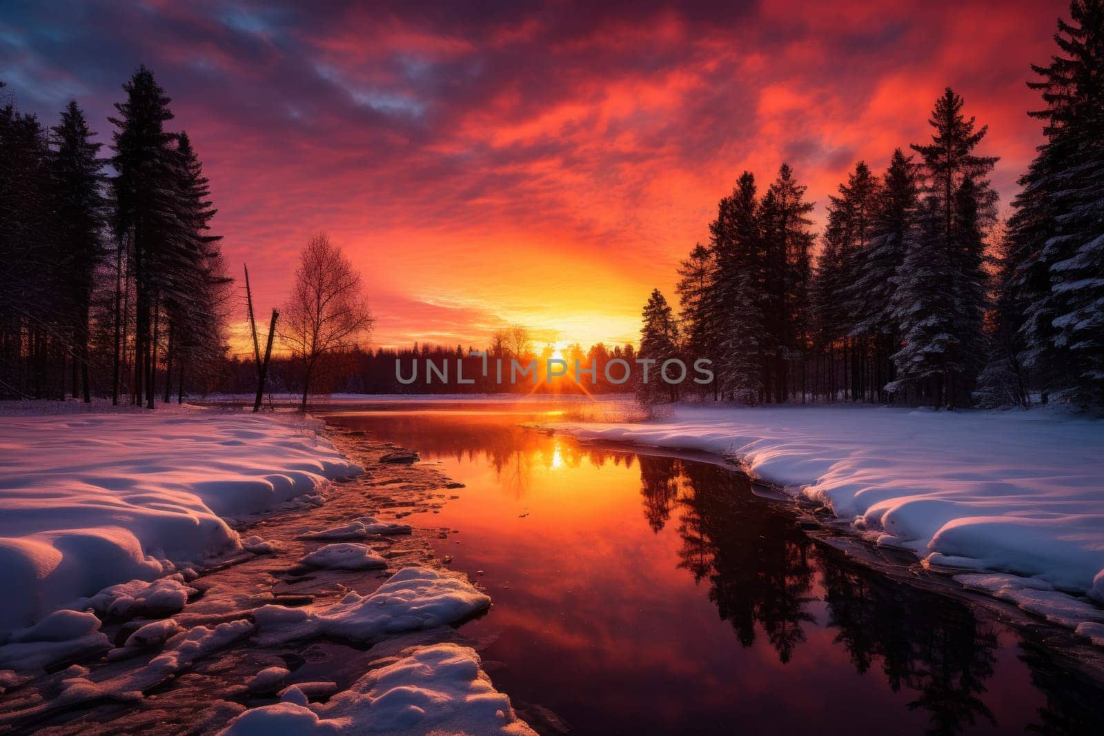 An exquisite visual representation of the winter skies, highlighting the unique color schemes and breathtaking beauty brought by the low-angled sun during winter sunrises and sunsets.