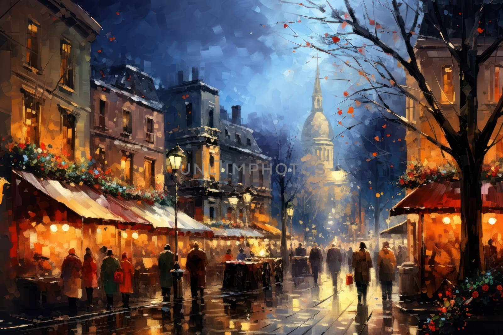 A vibrant depiction of the holiday spirit, capturing the lively ambiance of bustling markets and fairs adorned with festive decorations.