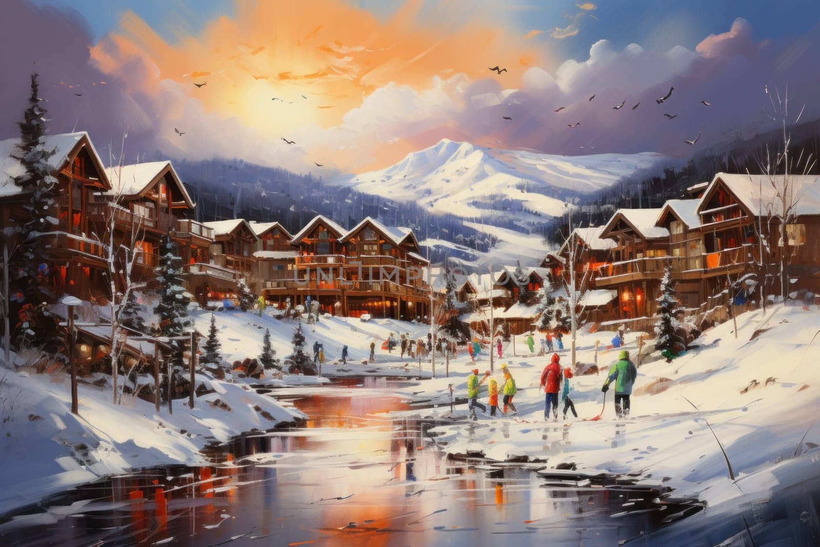 A dynamic portrayal of the winter wonderland at ski resorts, capturing the exhilaration and scenic beauty.