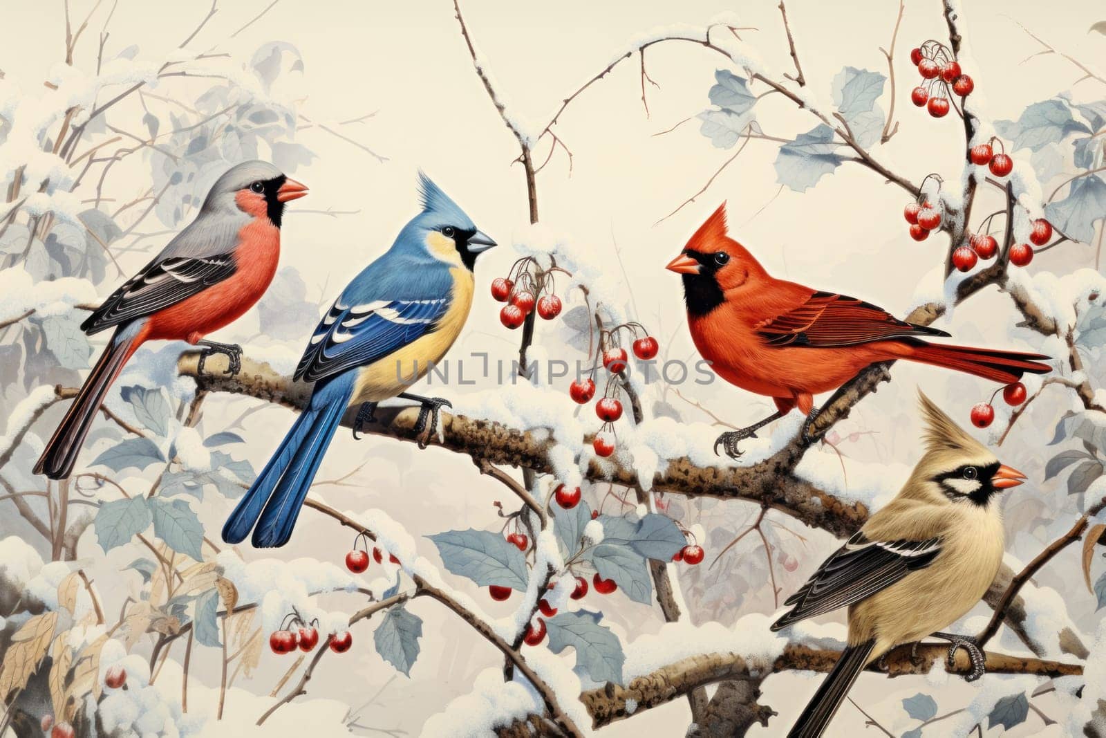 A stunning portrayal of winter's avian beauty, showcasing the artful photography of birds like cardinals, chickadees, and blue jays set against the pristine canvas of snow.