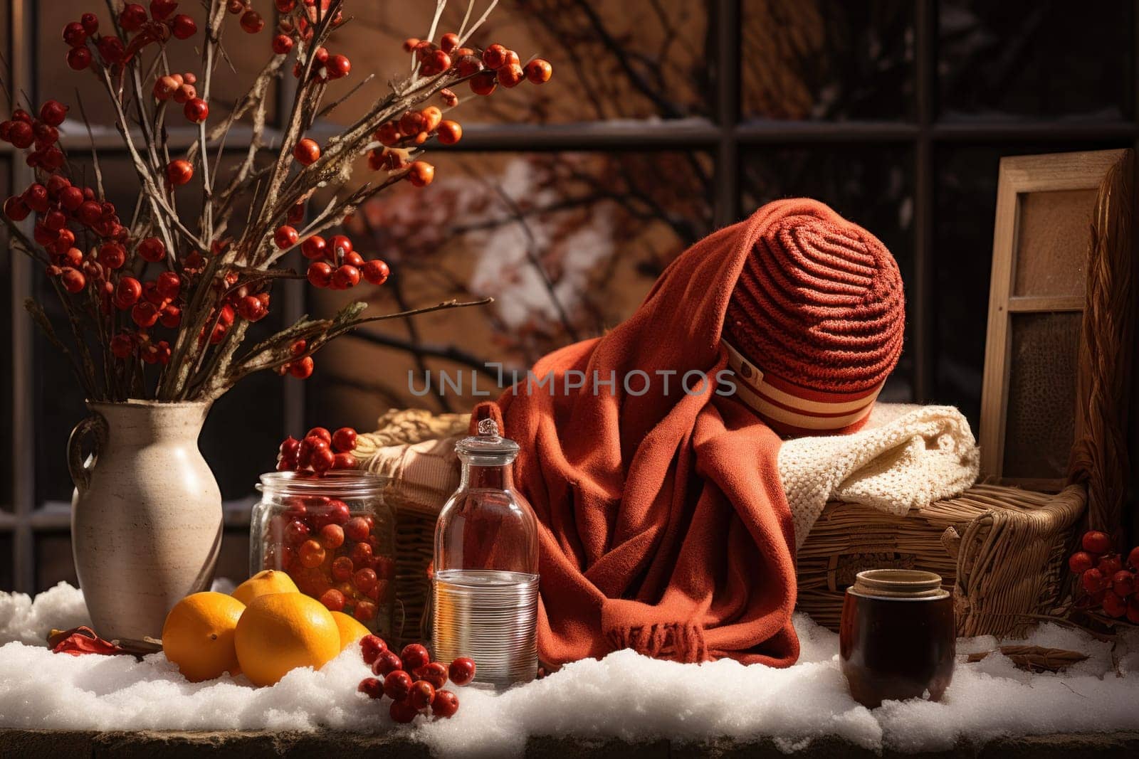 A chic portrayal of the winter season's fashion, highlighting stylish winter attire, including scarves, hats, and coats. This composition captures the elegance and coziness of winter wardrobe.