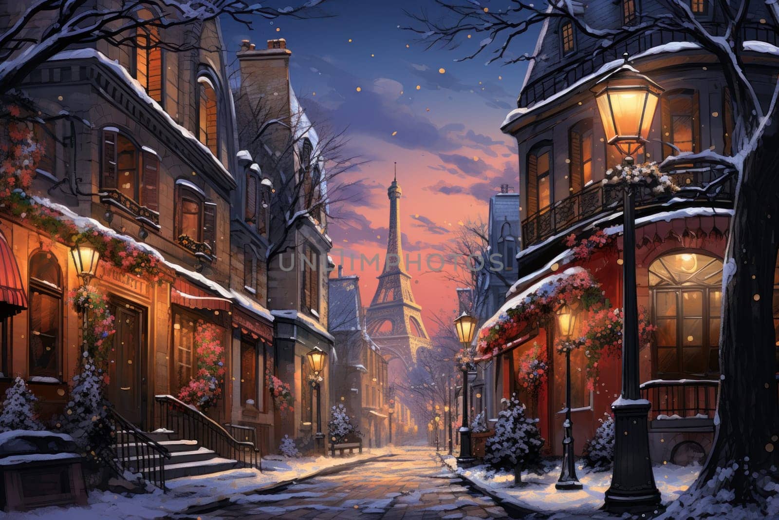 An evocative representation of urban life during winter, focusing on the enchanting vistas of city streets, buildings blanketed in snow, and the warm radiance of streetlights.