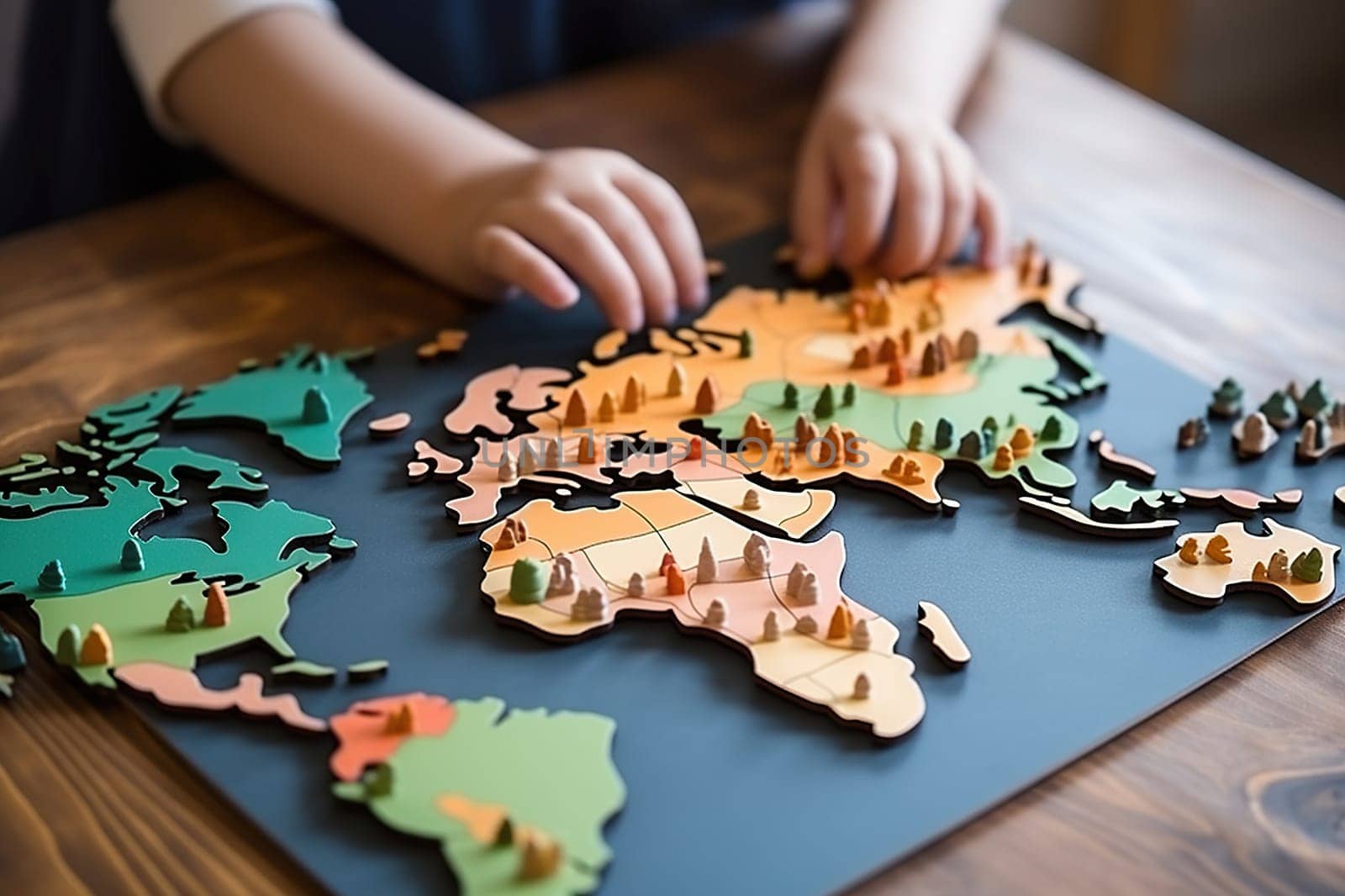 Children's hands assemble a wooden puzzle in the form of a world map. Educational game for children.