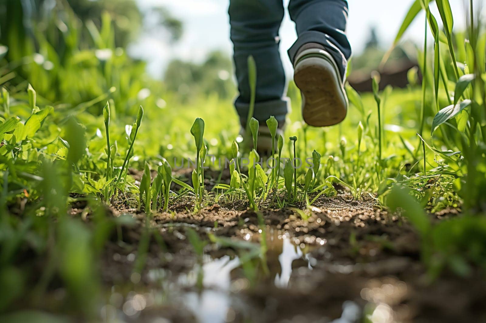 Children's feet in boots walk on green grass with dew in a field.