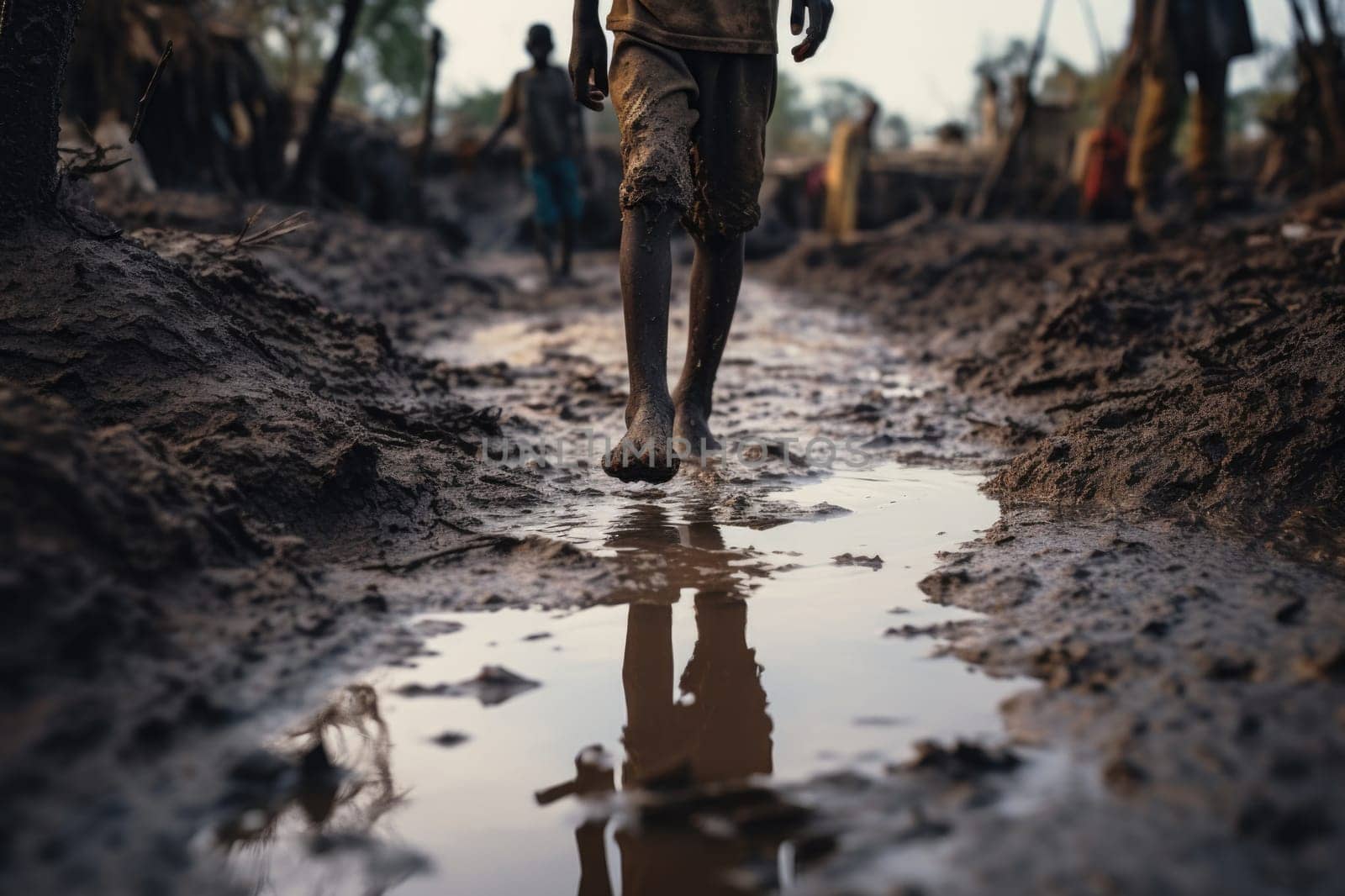 The feet of a dark-skinned child in a puddle of mud. Generated by artificial intelligence by Vovmar