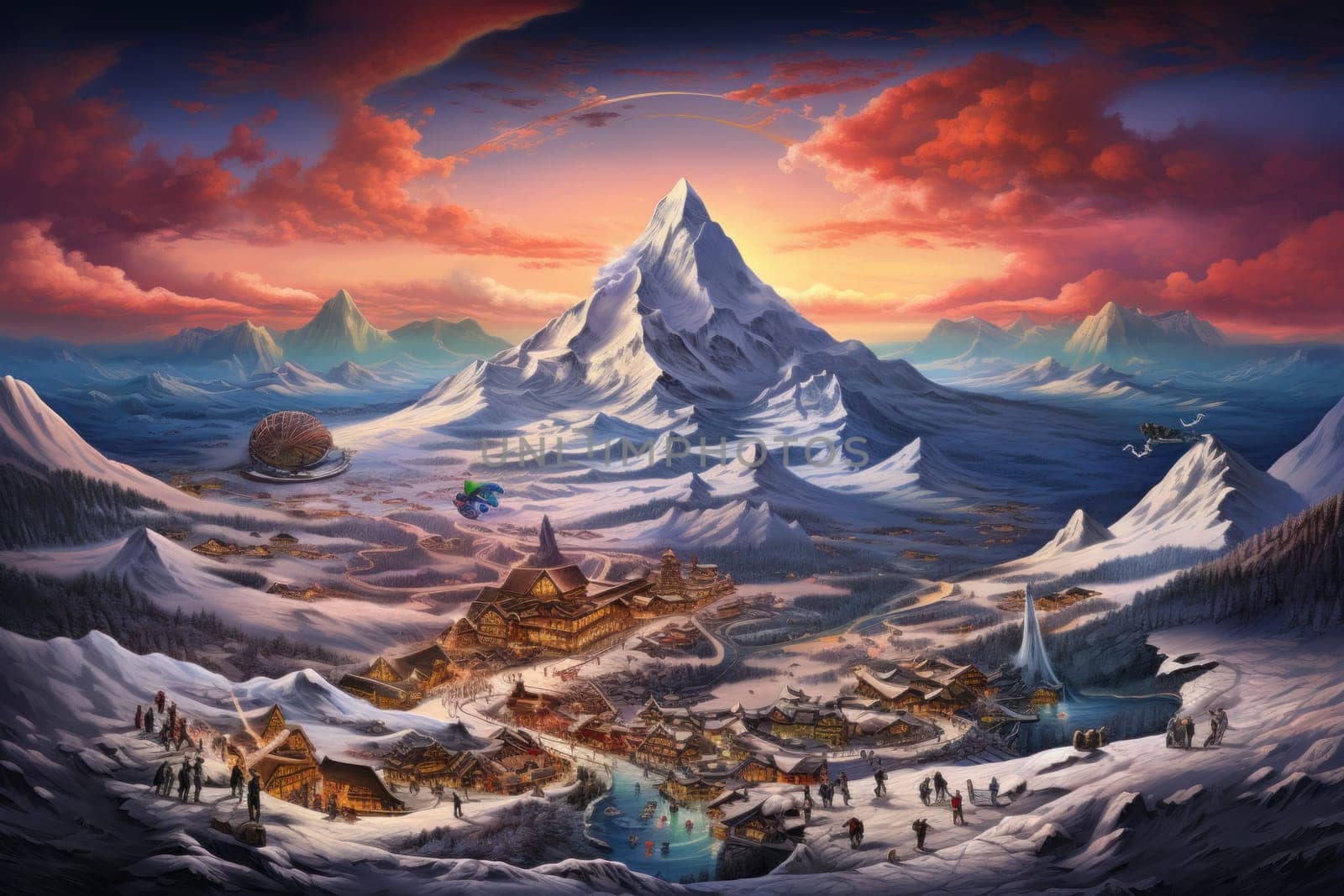 A dynamic portrayal of the winter wonderland at ski resorts, capturing the exhilaration and scenic beauty.