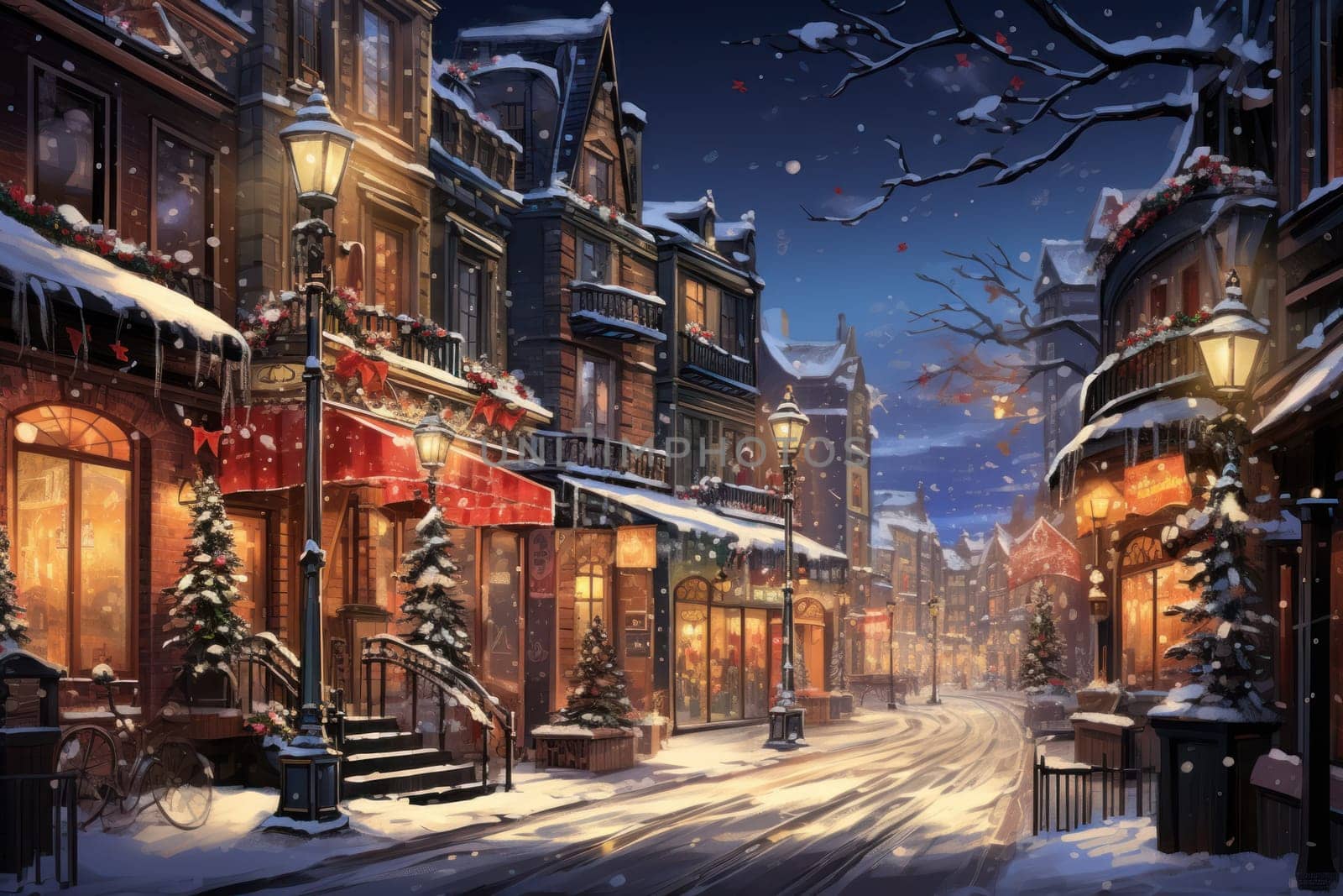 An evocative representation of urban life during winter, focusing on the enchanting vistas of city streets, buildings blanketed in snow, and the warm radiance of streetlights.