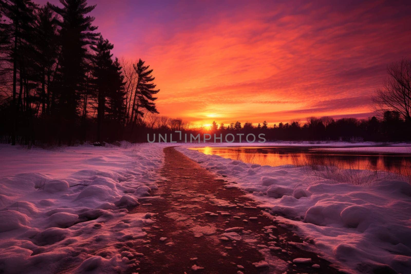 An exquisite visual representation of the winter skies, highlighting the unique color schemes and breathtaking beauty brought by the low-angled sun during winter sunrises and sunsets.