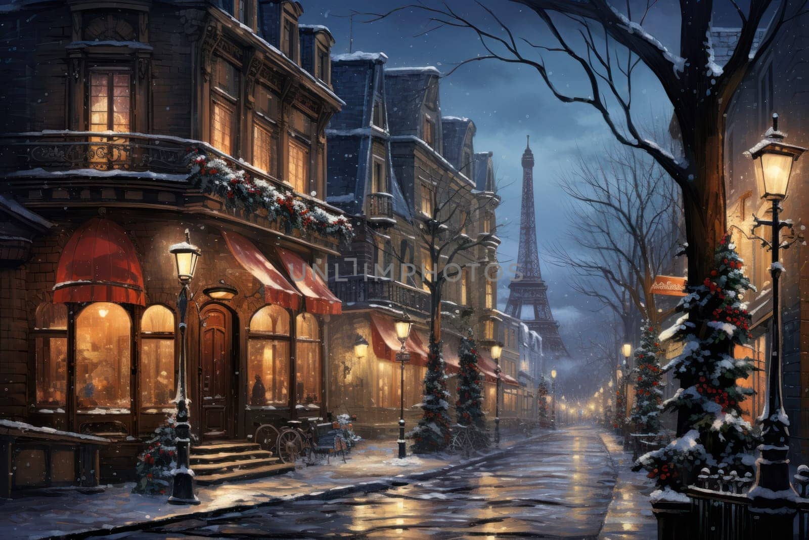 An evocative representation of urban life during winter, focusing on the enchanting vistas of city streets, buildings blanketed in snow, and the warm radiance of streetlights.