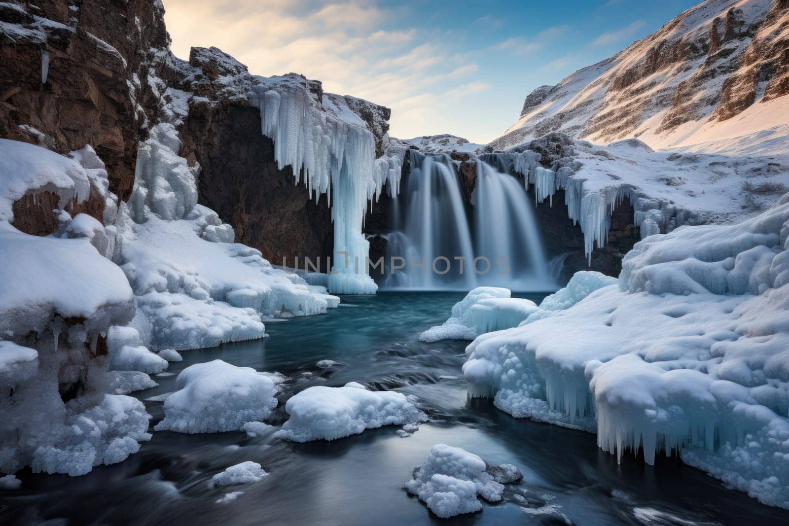 A mesmerizing display of the winter landscape, focusing on the distinctive and captivating frozen waterfalls found in chilly regions.