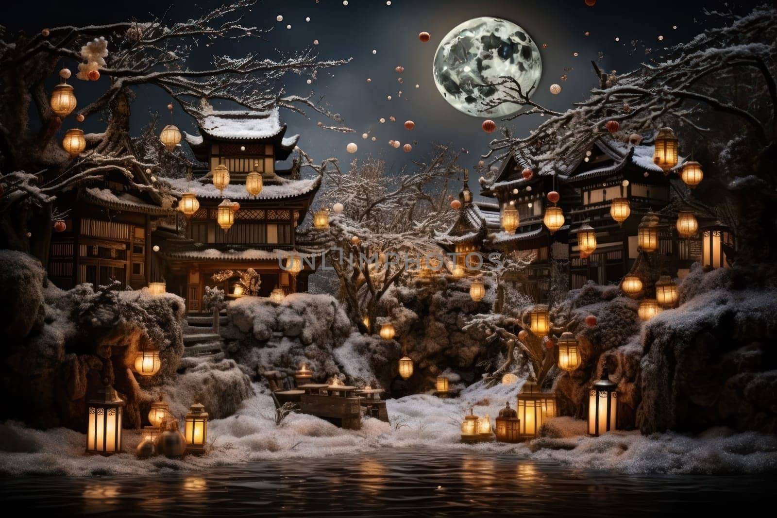 A captivating portrayal of the winter charm, focusing on the creation of cozy and welcoming visuals using the soft glow of candles or lanterns against the snowy backdrop.