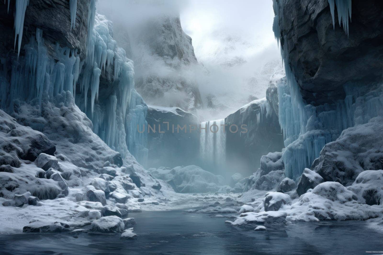 A mesmerizing display of the winter landscape, focusing on the distinctive and captivating frozen waterfalls found in chilly regions.