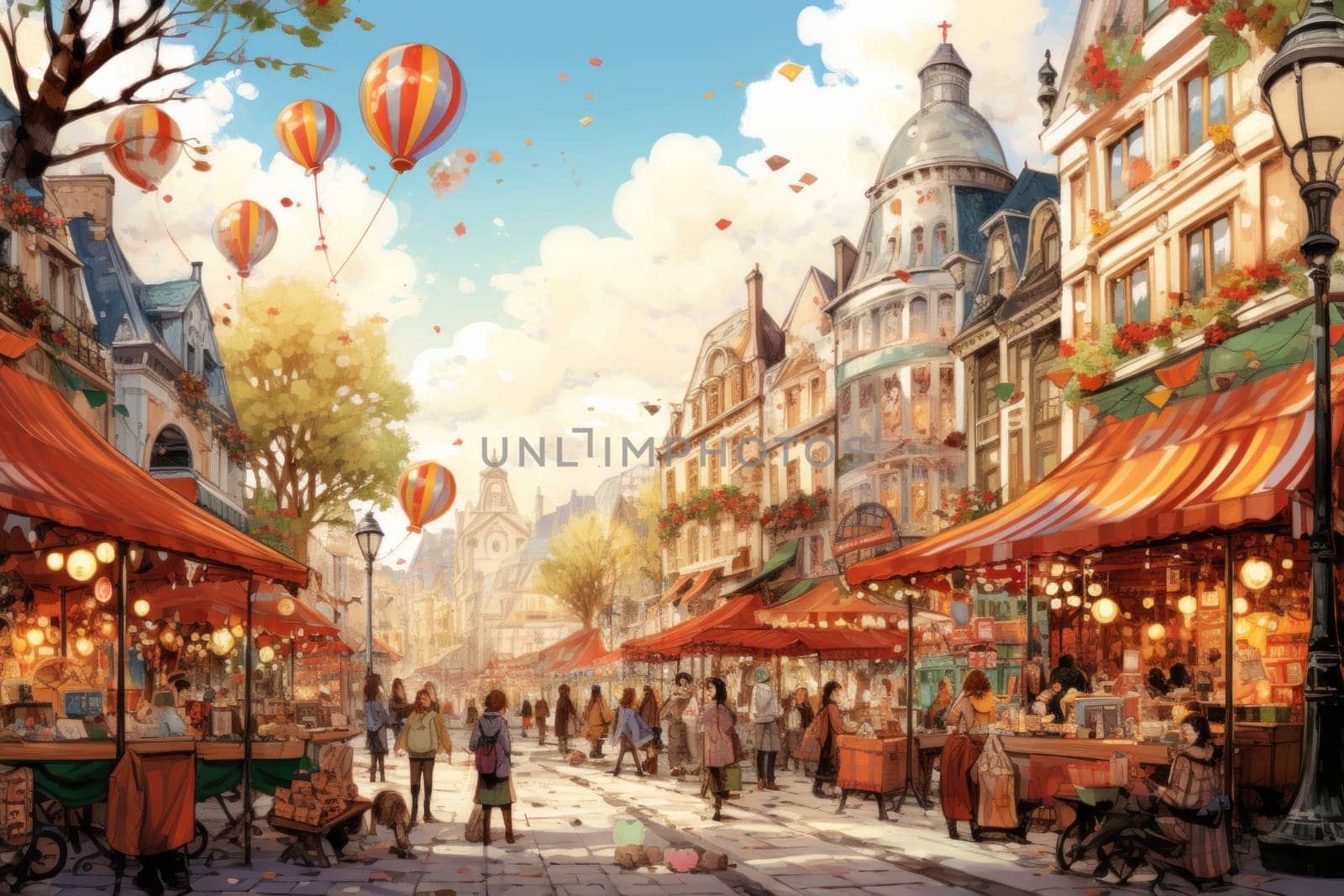 A vibrant depiction of the holiday spirit, capturing the lively ambiance of bustling markets and fairs adorned with festive decorations.