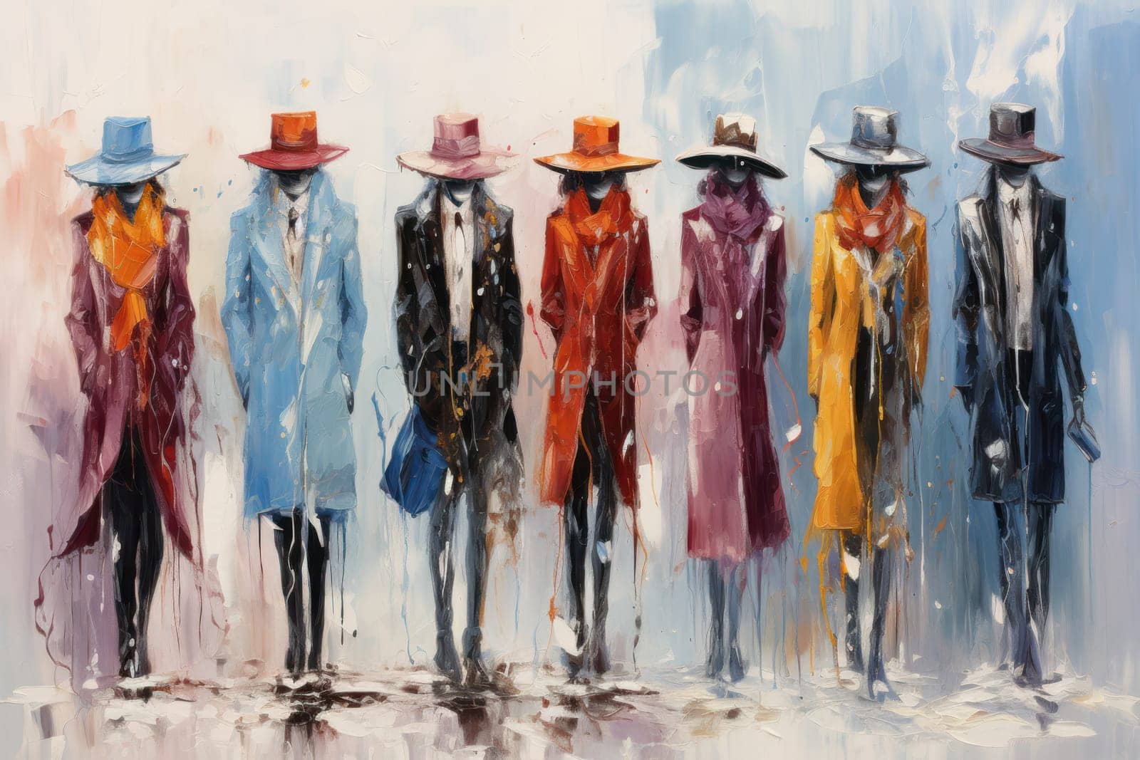 A chic portrayal of the winter season's fashion, highlighting stylish winter attire, including scarves, hats, and coats. This composition captures the elegance and coziness of winter wardrobe.