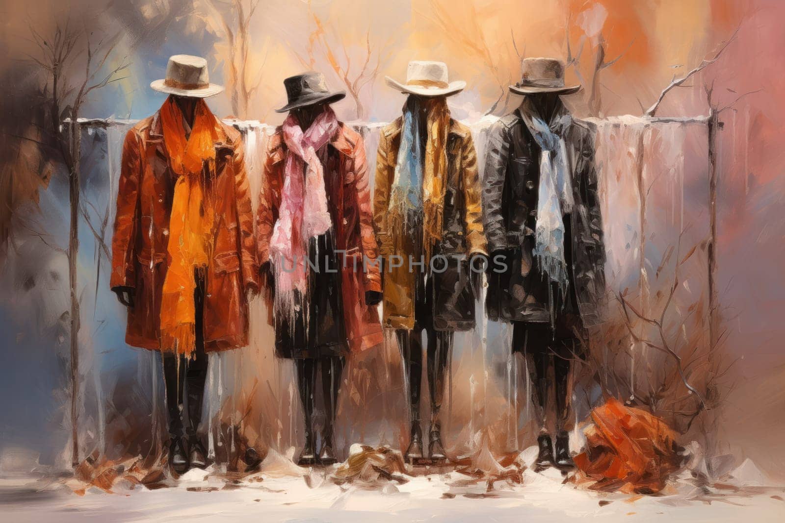 A chic portrayal of the winter season's fashion, highlighting stylish winter attire, including scarves, hats, and coats. This composition captures the elegance and coziness of winter wardrobe.