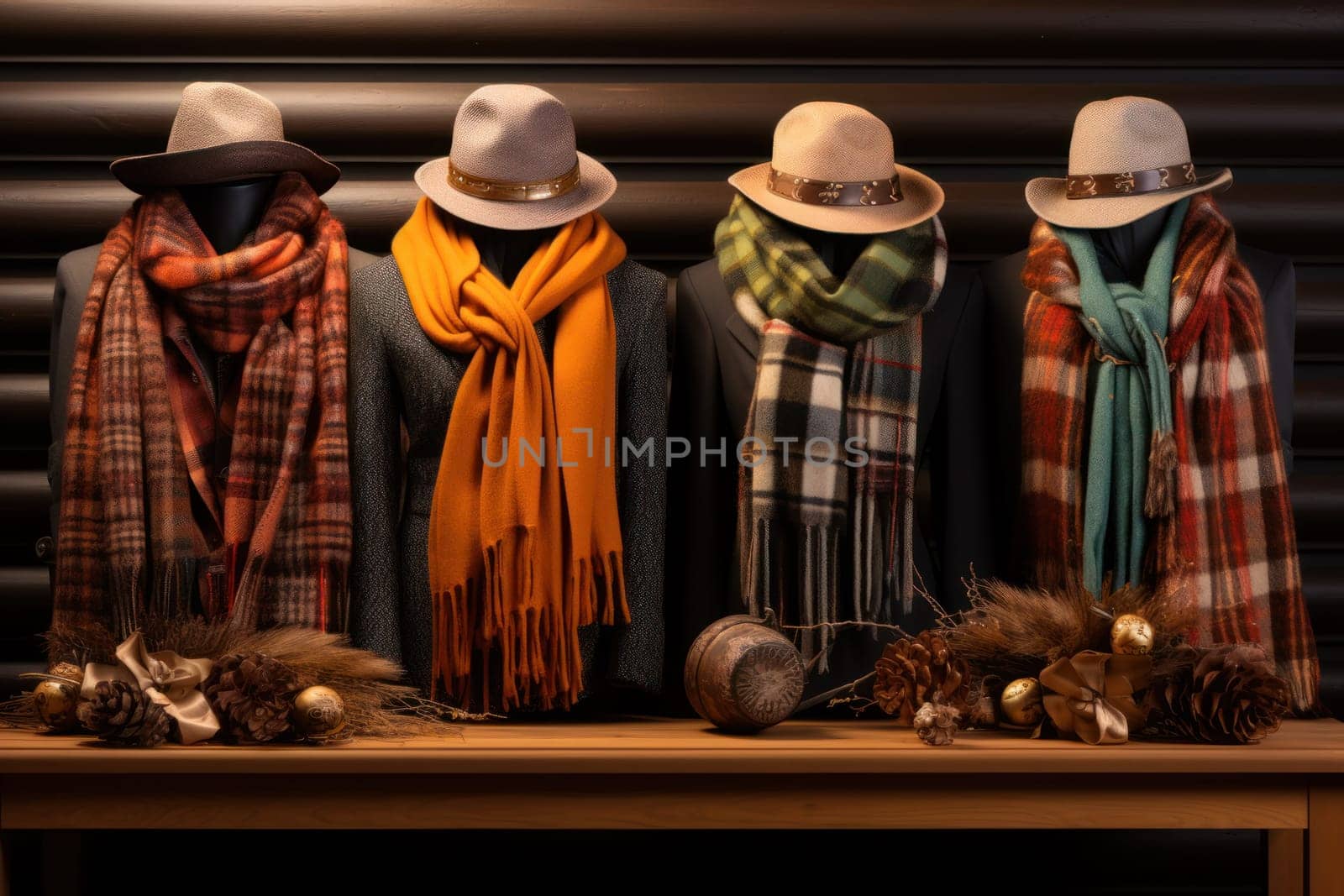 A chic portrayal of the winter season's fashion, highlighting stylish winter attire, including scarves, hats, and coats. This composition captures the elegance and coziness of winter wardrobe.
