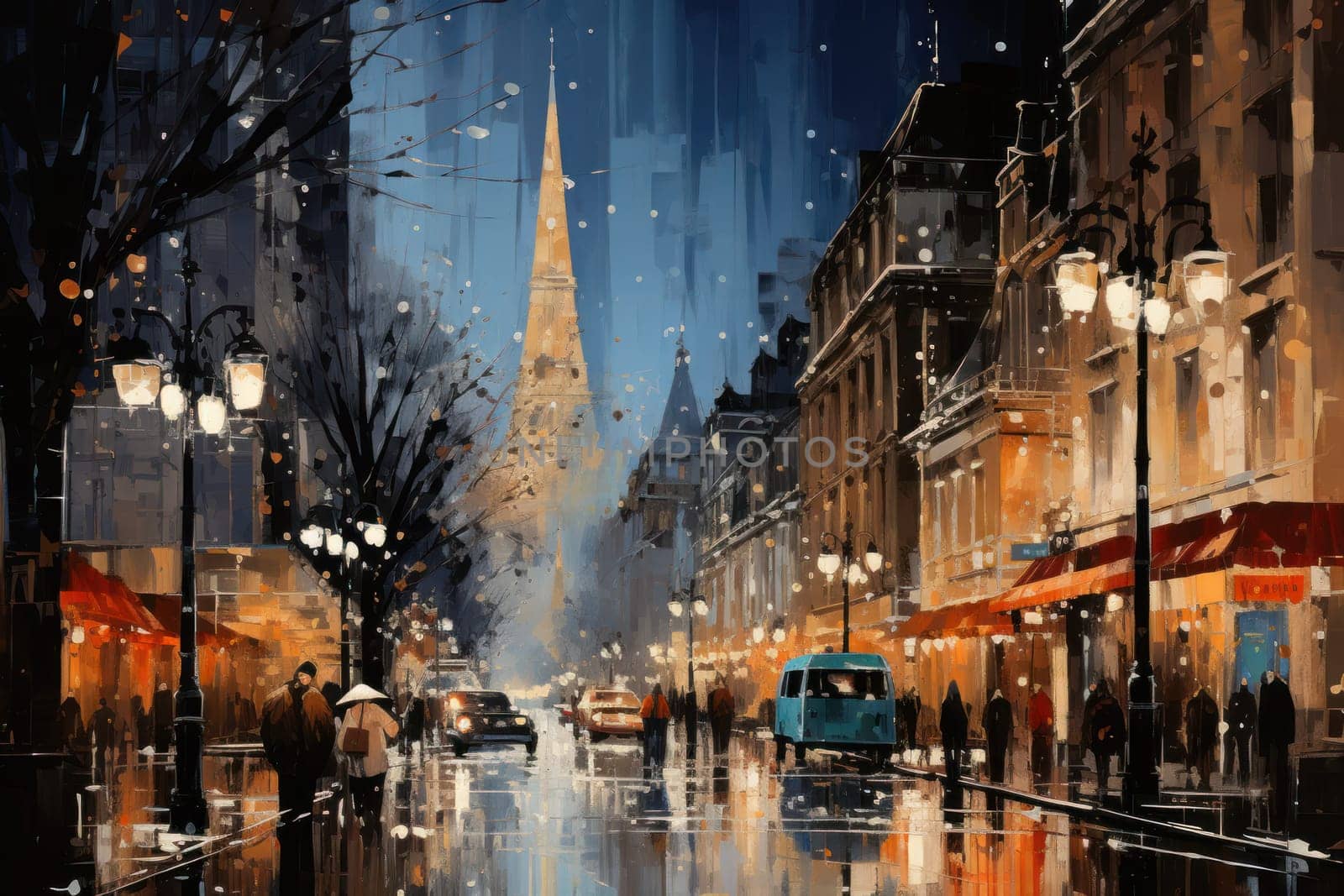 An evocative representation of urban life during winter, focusing on the enchanting vistas of city streets, buildings blanketed in snow, and the warm radiance of streetlights.