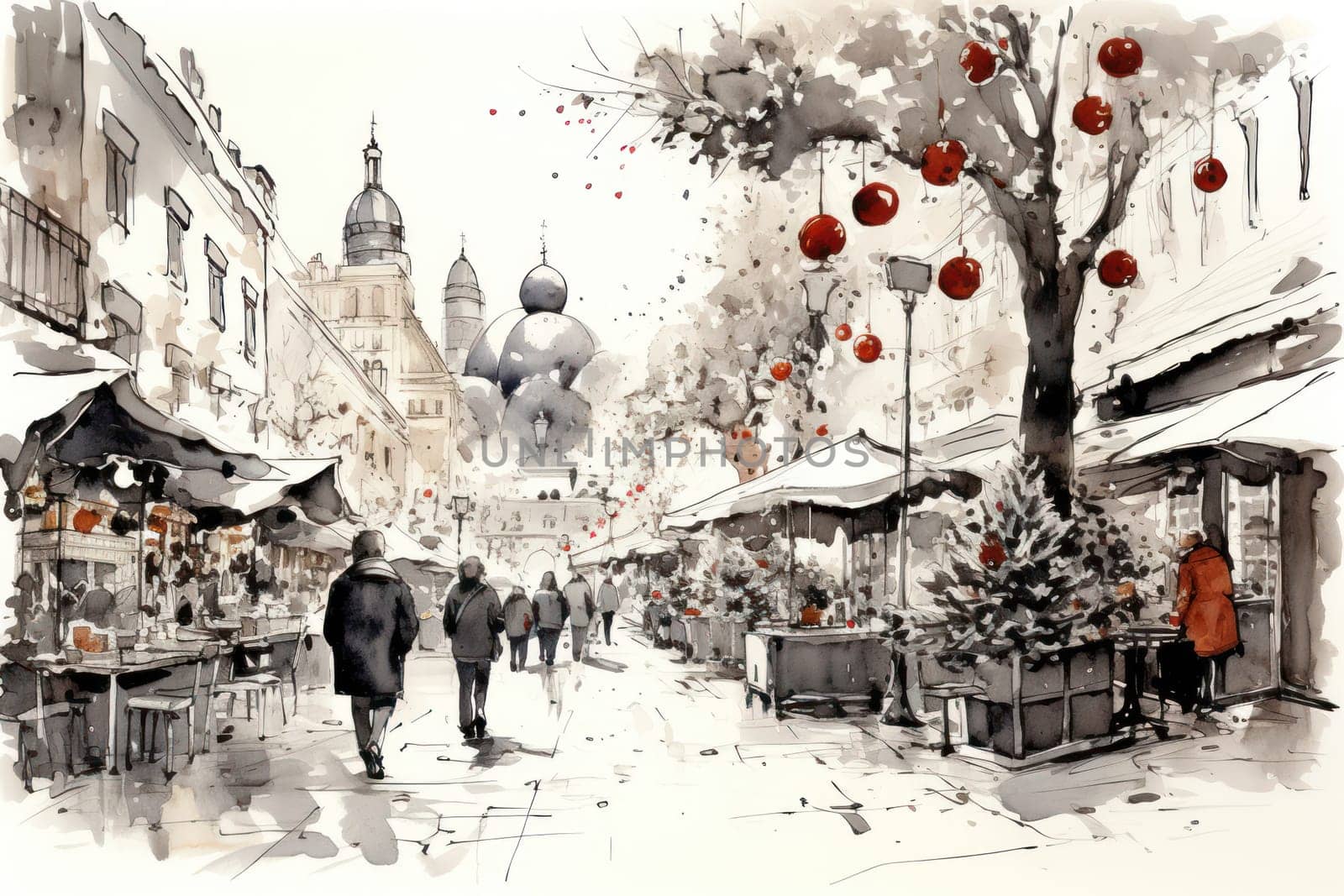 A vibrant depiction of the holiday spirit, capturing the lively ambiance of bustling markets and fairs adorned with festive decorations.