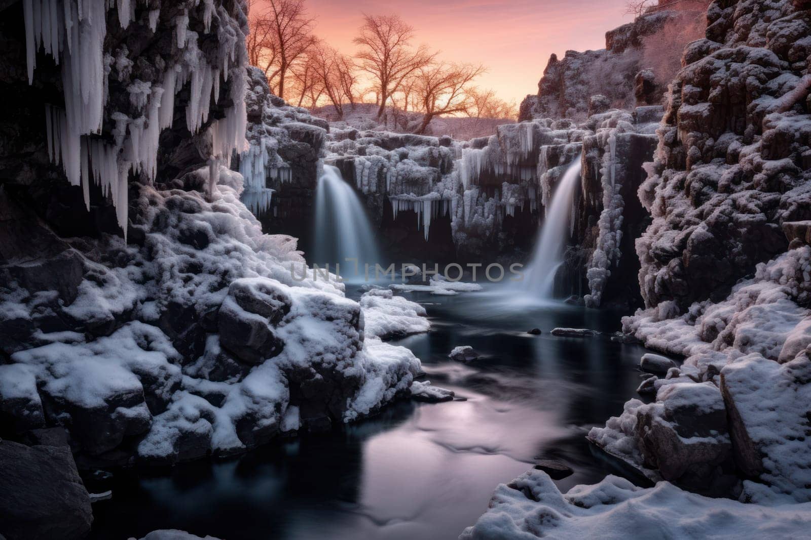 A mesmerizing display of the winter landscape, focusing on the distinctive and captivating frozen waterfalls found in chilly regions.