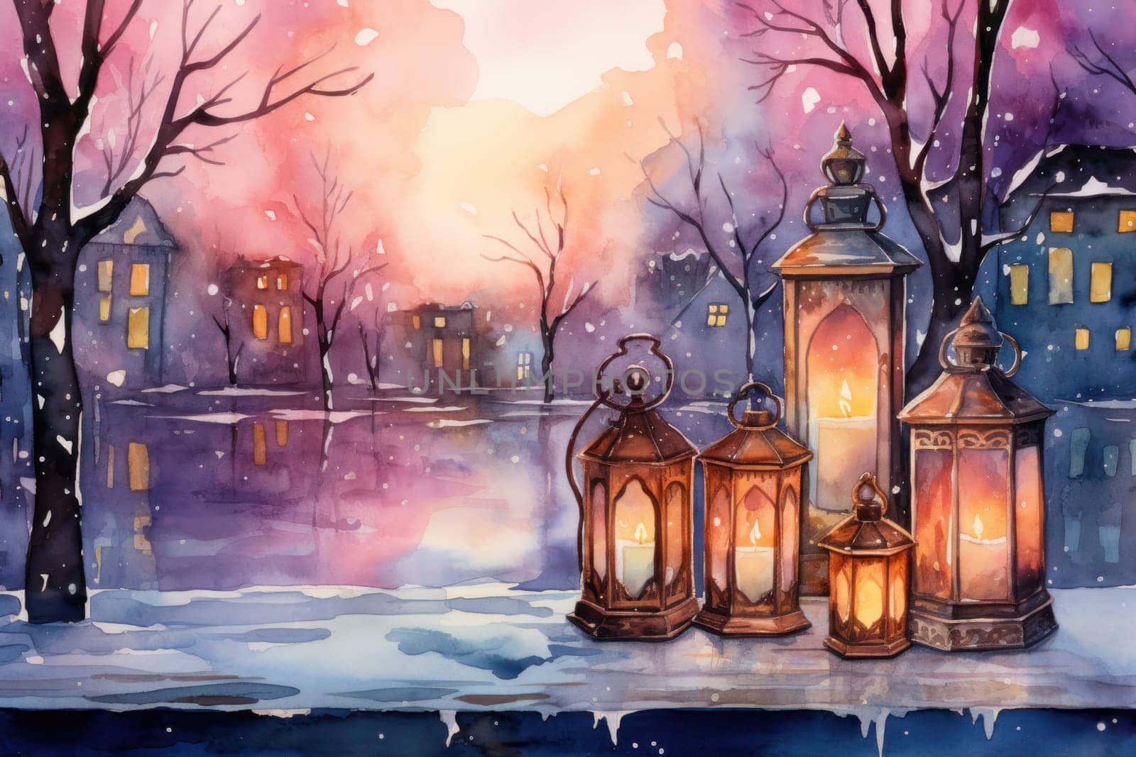 A captivating portrayal of the winter charm, focusing on the creation of cozy and welcoming visuals using the soft glow of candles or lanterns against the snowy backdrop.