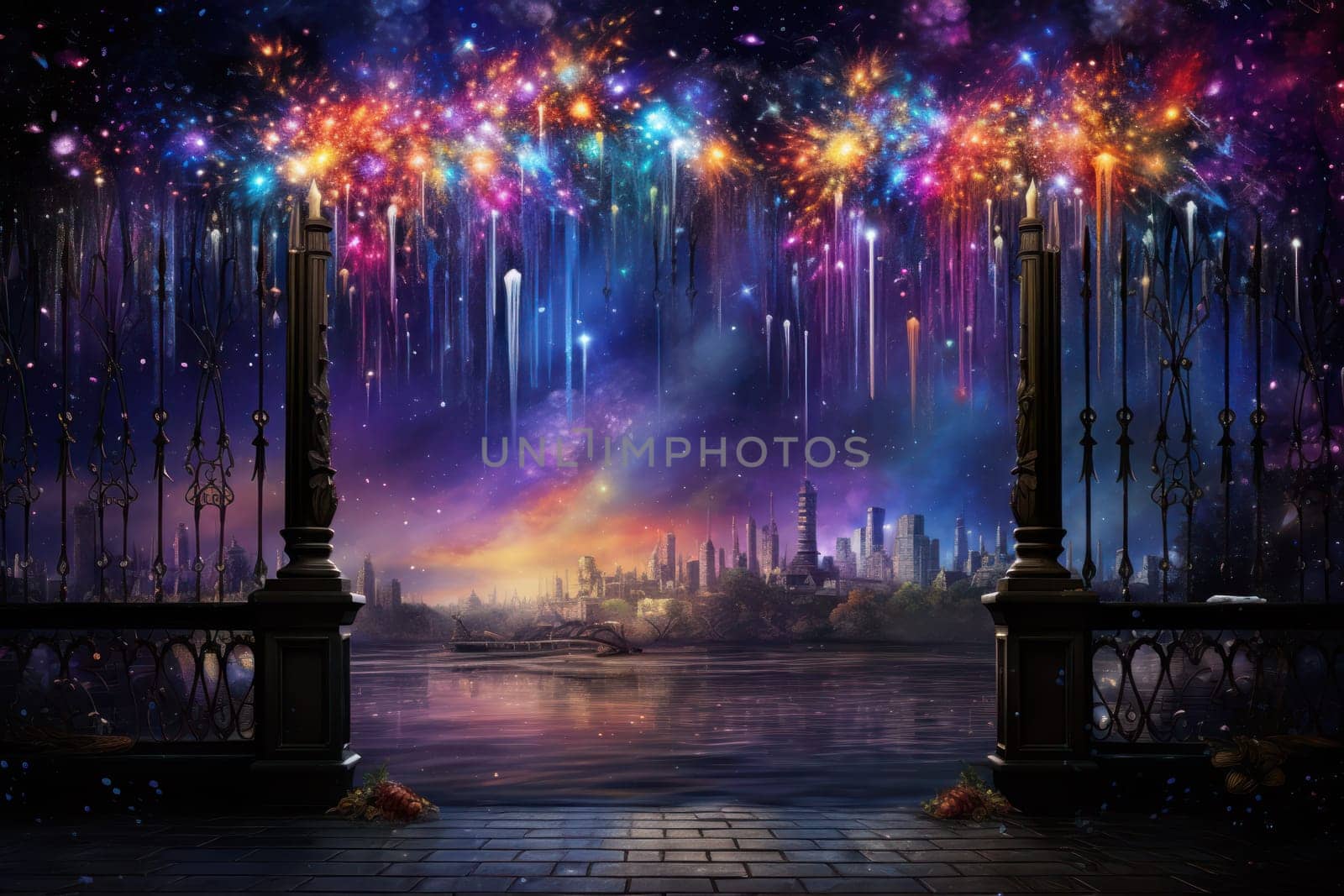 An electrifying display of winter's nocturnal splendor, featuring the dazzling spectacle of New Year's Eve fireworks and other seasonal celebrations.