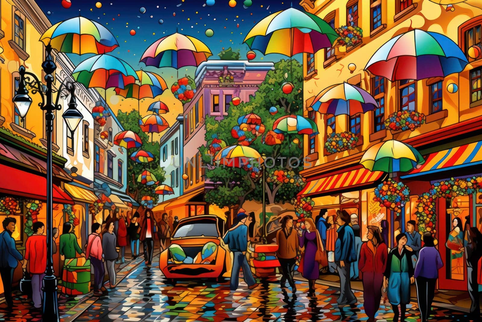 A vibrant depiction of the holiday spirit, capturing the lively ambiance of bustling markets and fairs adorned with festive decorations.