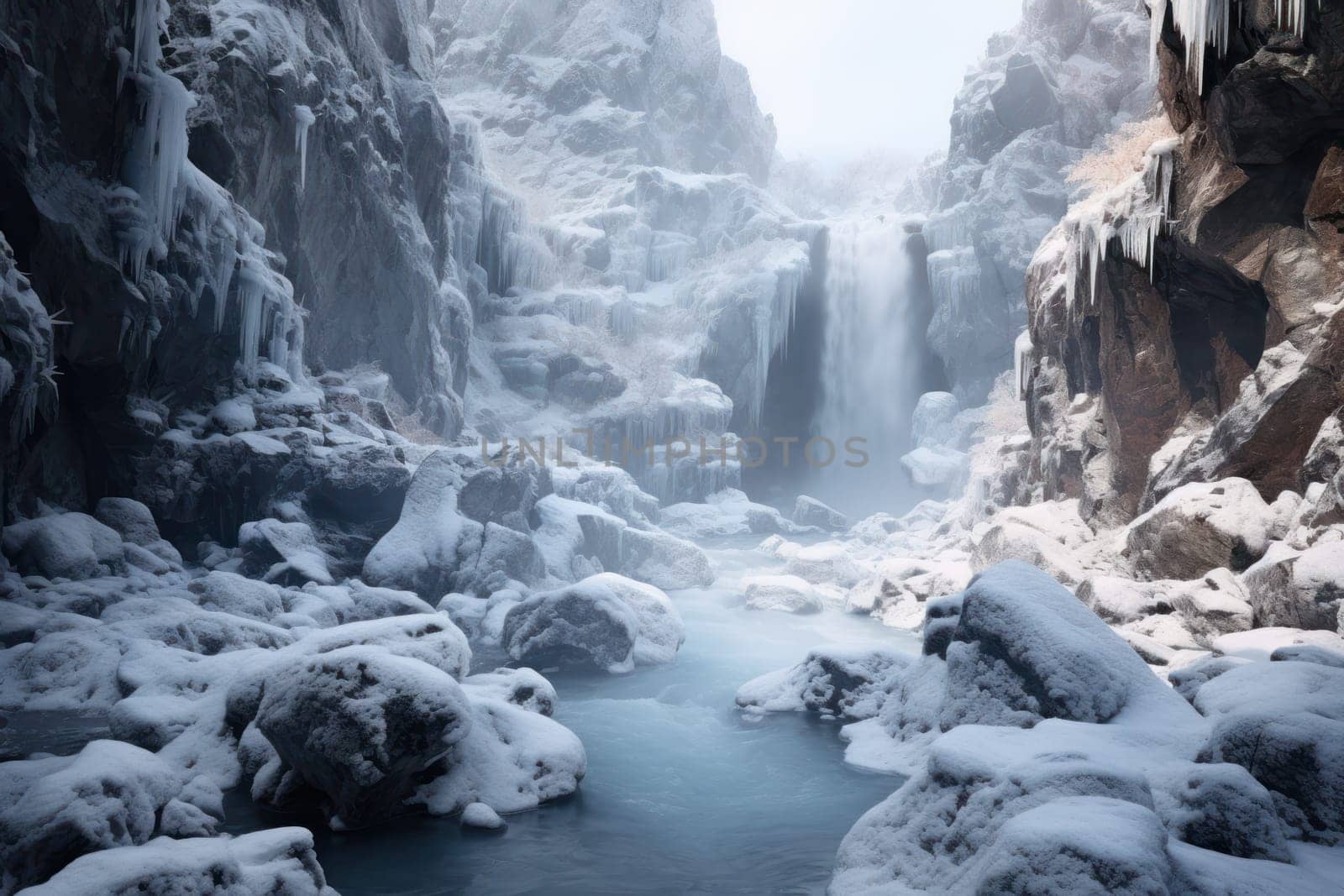 A mesmerizing display of the winter landscape, focusing on the distinctive and captivating frozen waterfalls found in chilly regions.