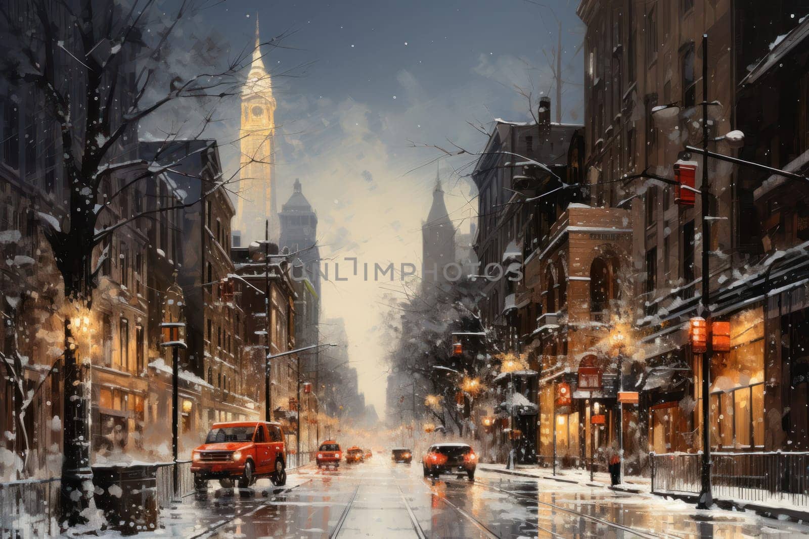 An evocative representation of urban life during winter, focusing on the enchanting vistas of city streets, buildings blanketed in snow, and the warm radiance of streetlights.
