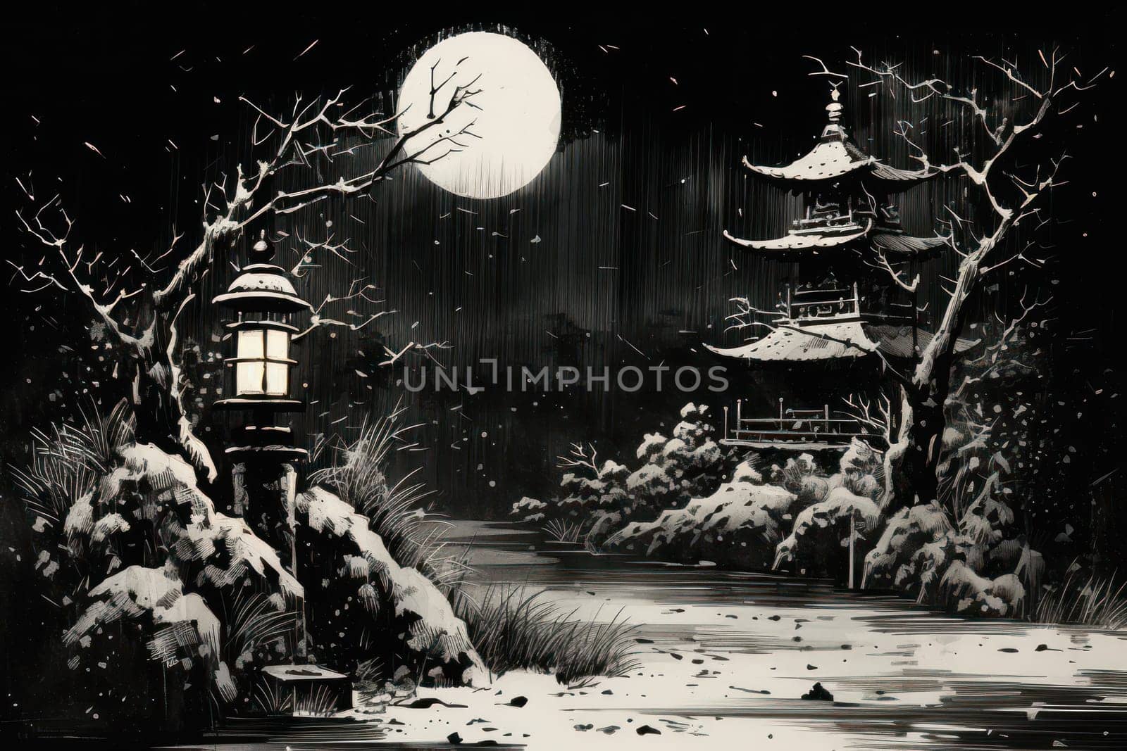 A captivating portrayal of the winter charm, focusing on the creation of cozy and welcoming visuals using the soft glow of candles or lanterns against the snowy backdrop.