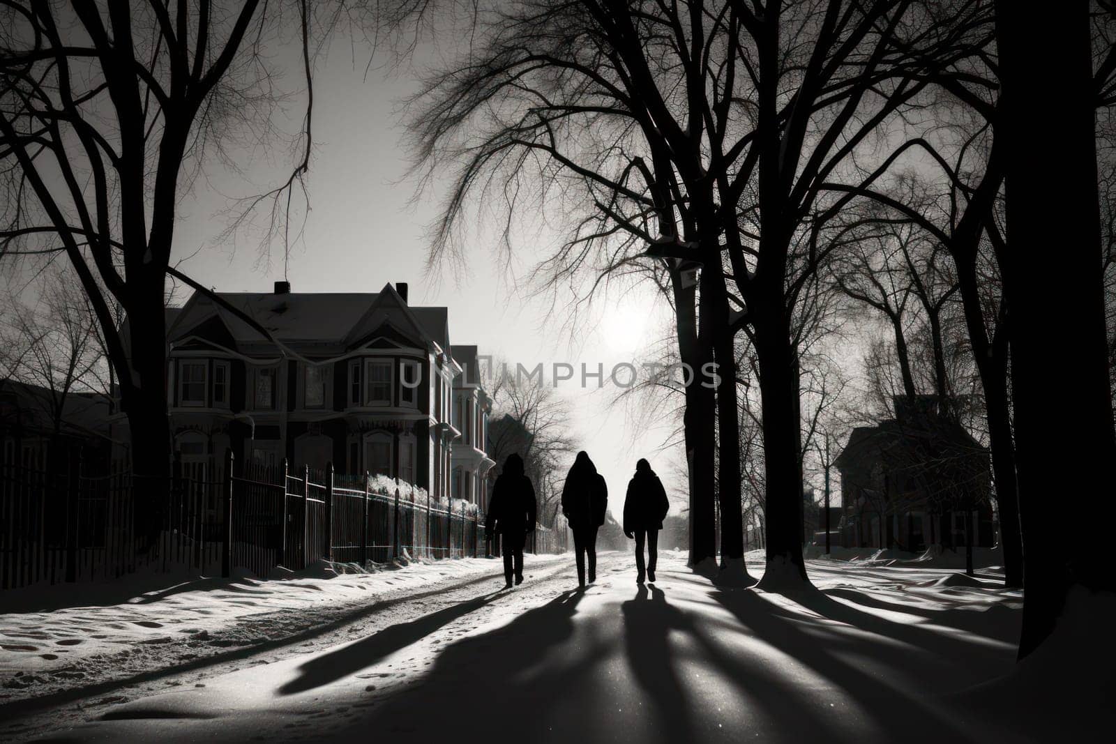 A striking visual display of the winter season, utilizing the extended shadows and sharp differences in lighting to craft captivating silhouettes against the snowy backdrop.