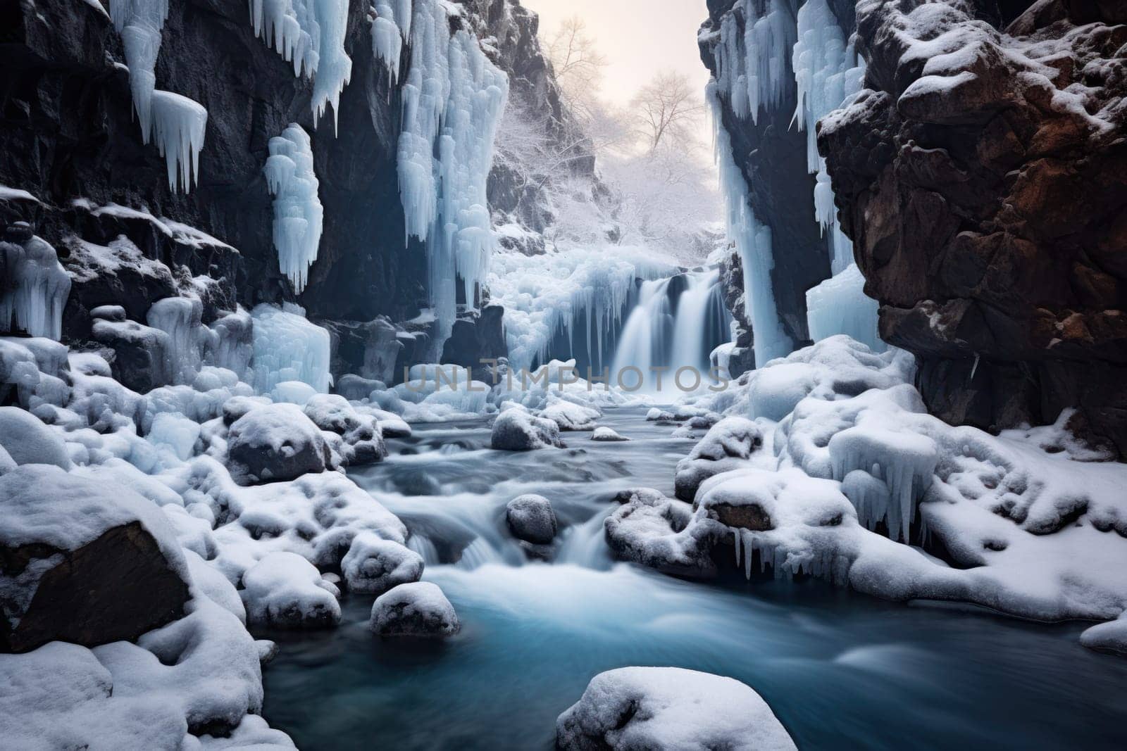 A mesmerizing display of the winter landscape, focusing on the distinctive and captivating frozen waterfalls found in chilly regions.