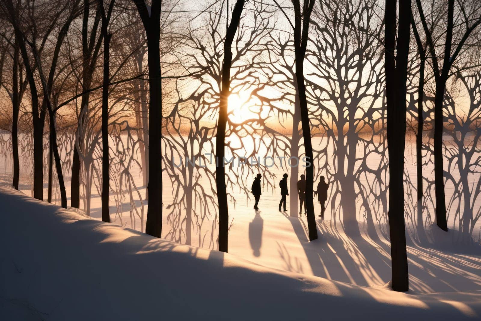 A striking visual display of the winter season, utilizing the extended shadows and sharp differences in lighting to craft captivating silhouettes against the snowy backdrop.