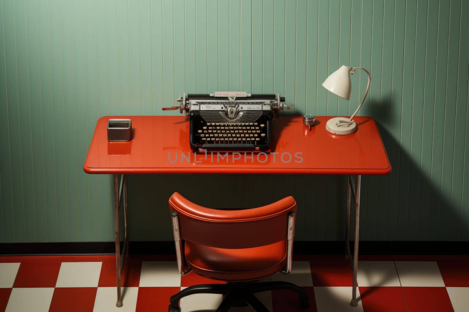 Vintage typewriter on a red table. Vintage workplace interior.