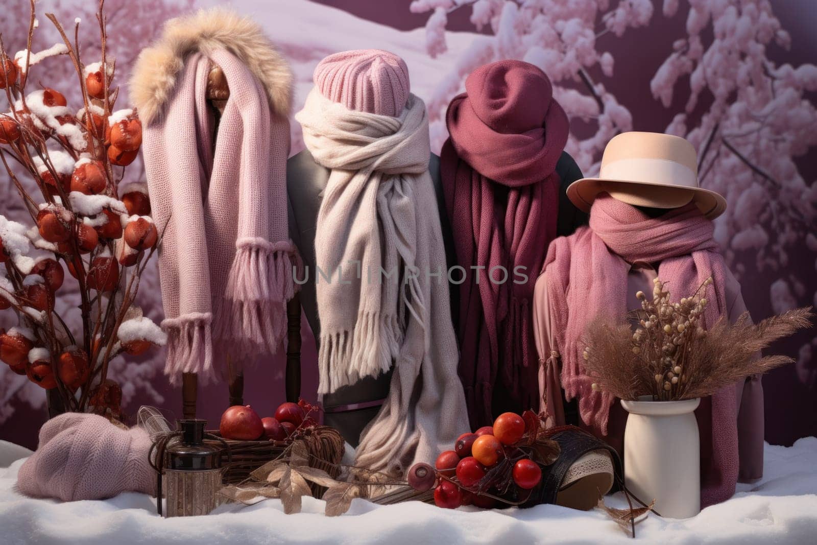 A chic portrayal of the winter season's fashion, highlighting stylish winter attire, including scarves, hats, and coats. This composition captures the elegance and coziness of winter wardrobe.