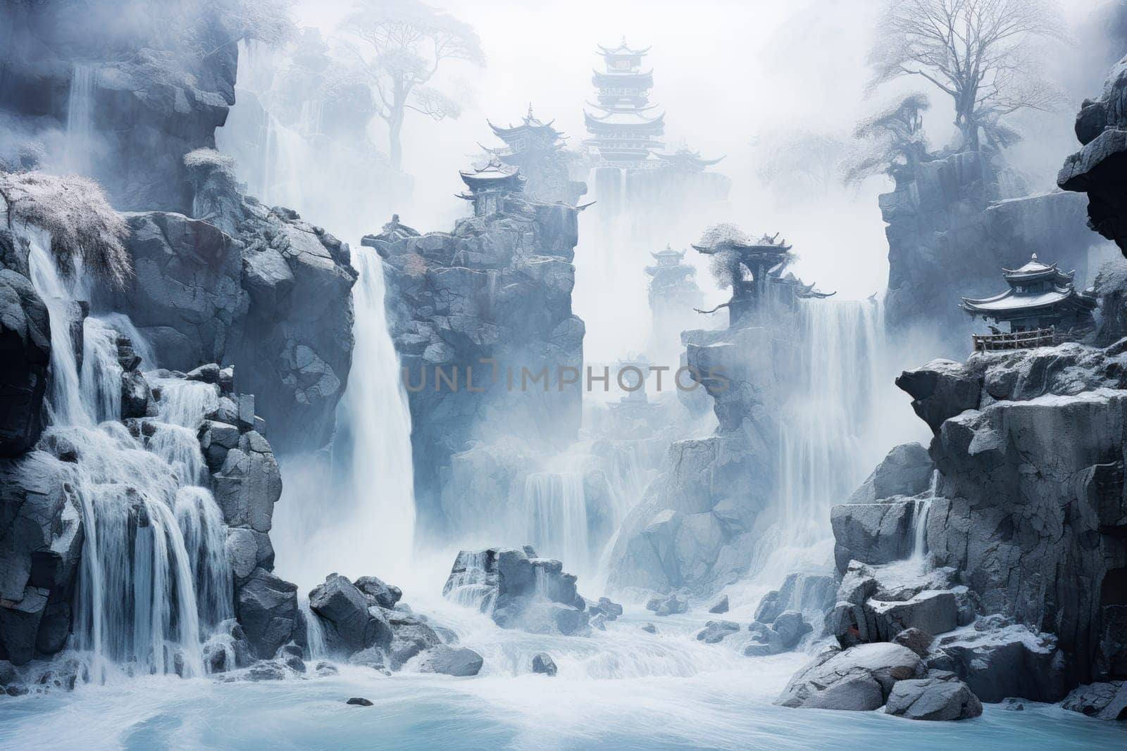 A mesmerizing display of the winter landscape, focusing on the distinctive and captivating frozen waterfalls found in chilly regions.