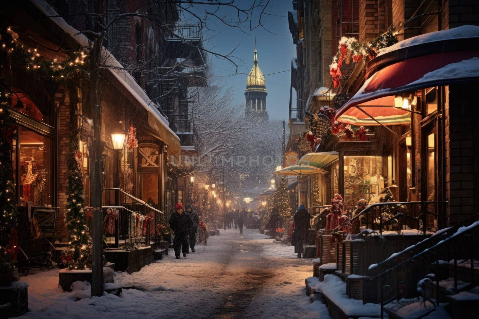 An evocative representation of urban life during winter, focusing on the enchanting vistas of city streets, buildings blanketed in snow, and the warm radiance of streetlights.