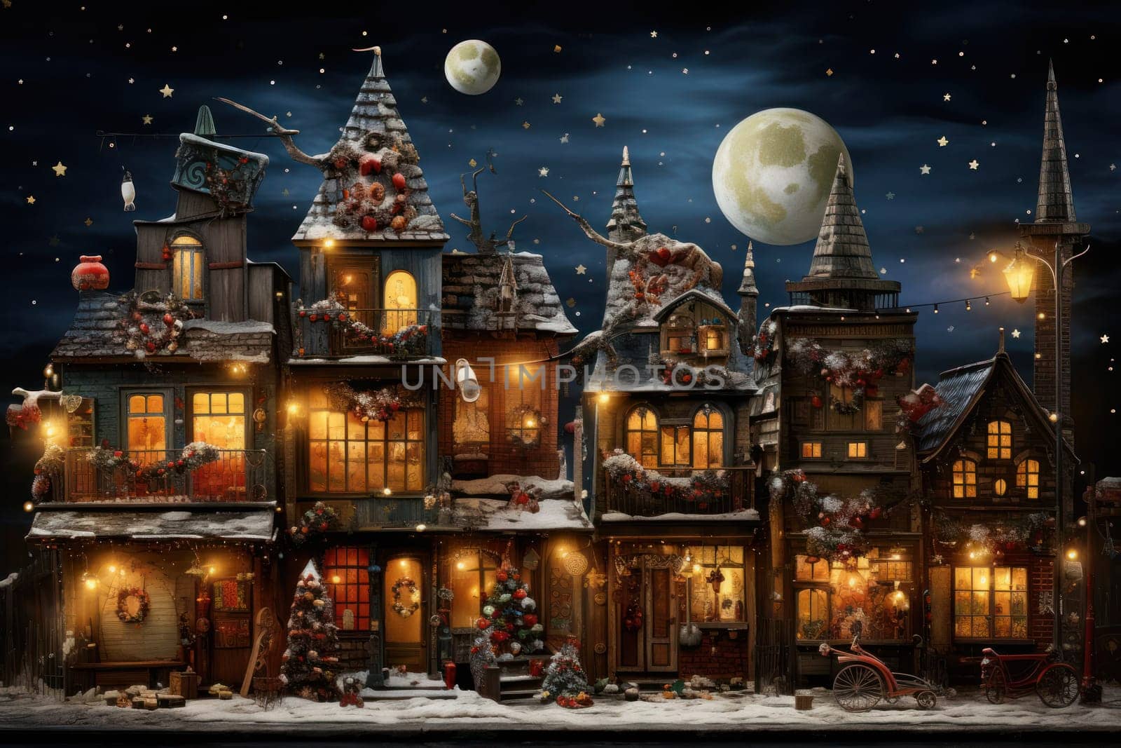 An enchanting portrayal of the holiday season, featuring the dazzling brilliance of Christmas lights, ornaments, and festive adornments that transform towns and neighborhoods into magical wonderlands.