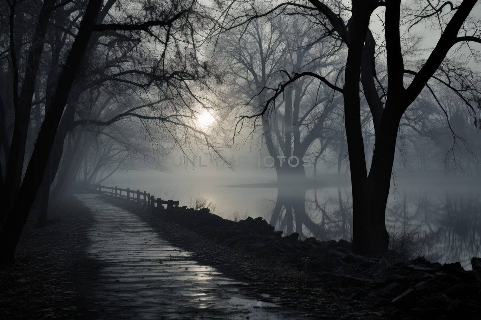 A captivating visual representation of the winter ambiance, focusing on the enigmatic allure of fog and mist enveloping the landscape, especially near bodies of water.