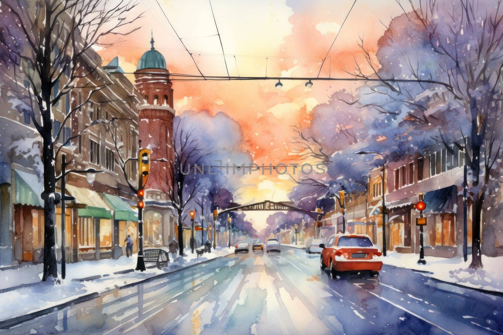 An evocative representation of urban life during winter, focusing on the enchanting vistas of city streets, buildings blanketed in snow, and the warm radiance of streetlights.