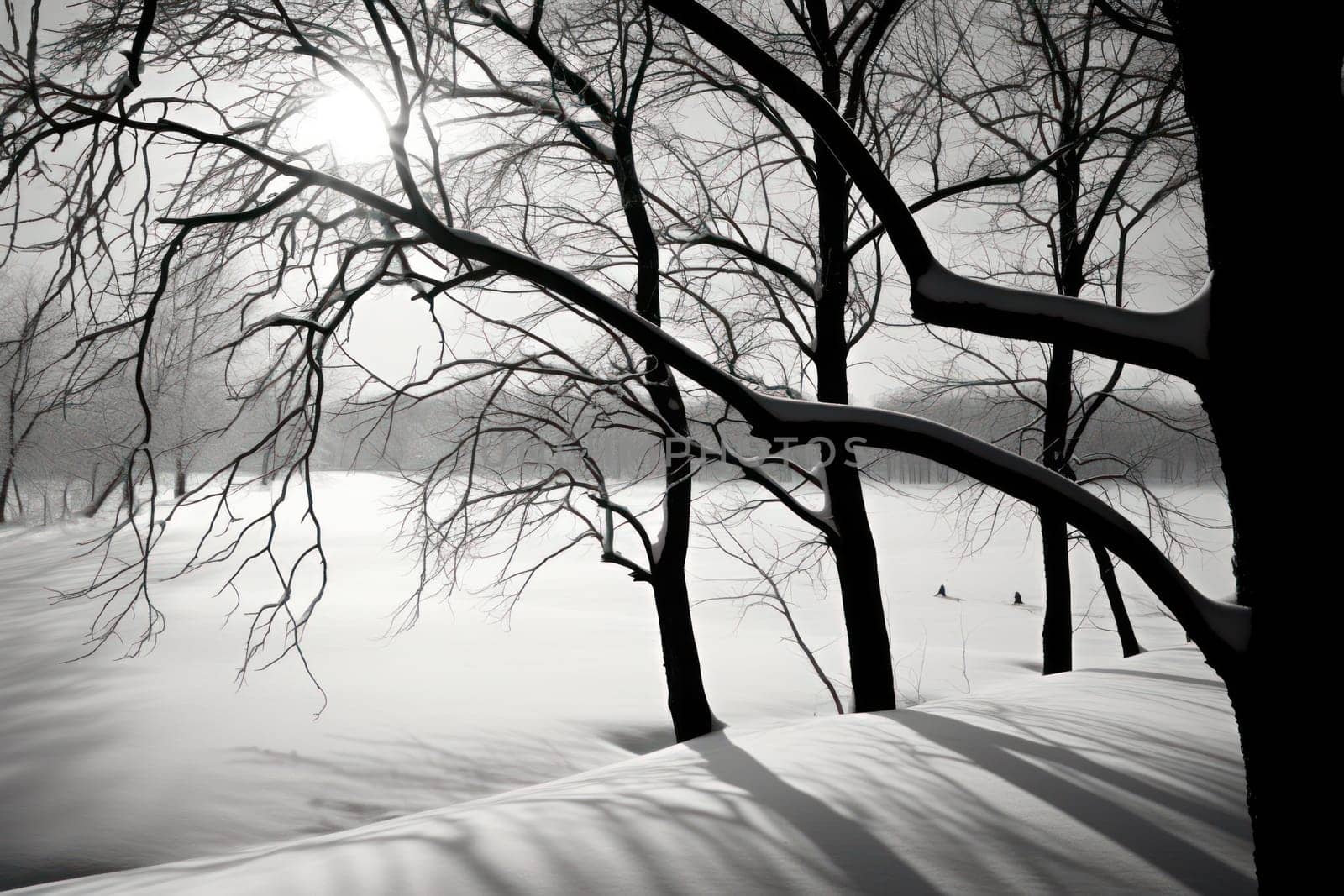 A striking visual display of the winter season, utilizing the extended shadows and sharp differences in lighting to craft captivating silhouettes against the snowy backdrop.