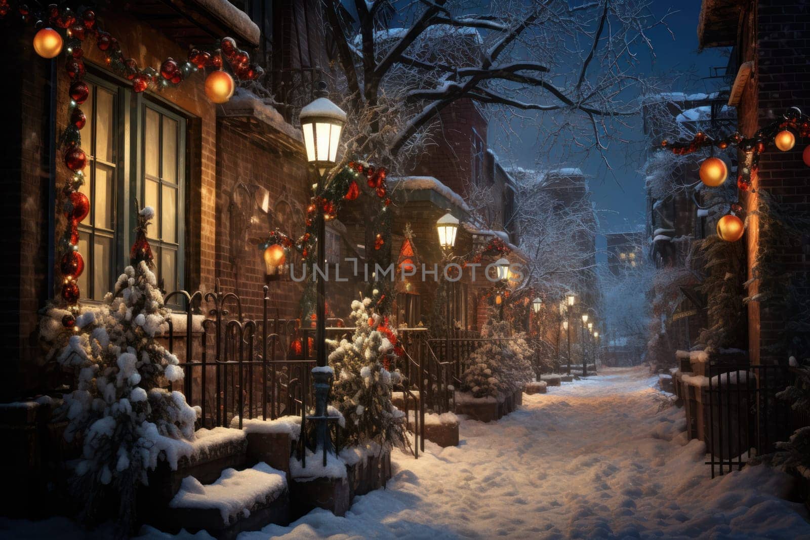 An evocative representation of urban life during winter, focusing on the enchanting vistas of city streets, buildings blanketed in snow, and the warm radiance of streetlights.