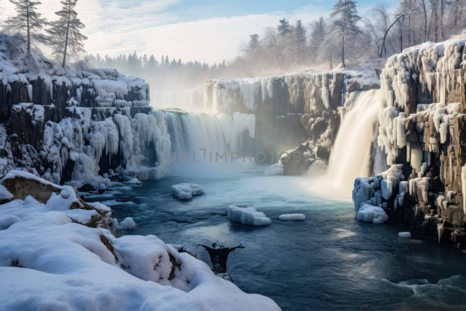 A mesmerizing display of the winter landscape, focusing on the distinctive and captivating frozen waterfalls found in chilly regions.