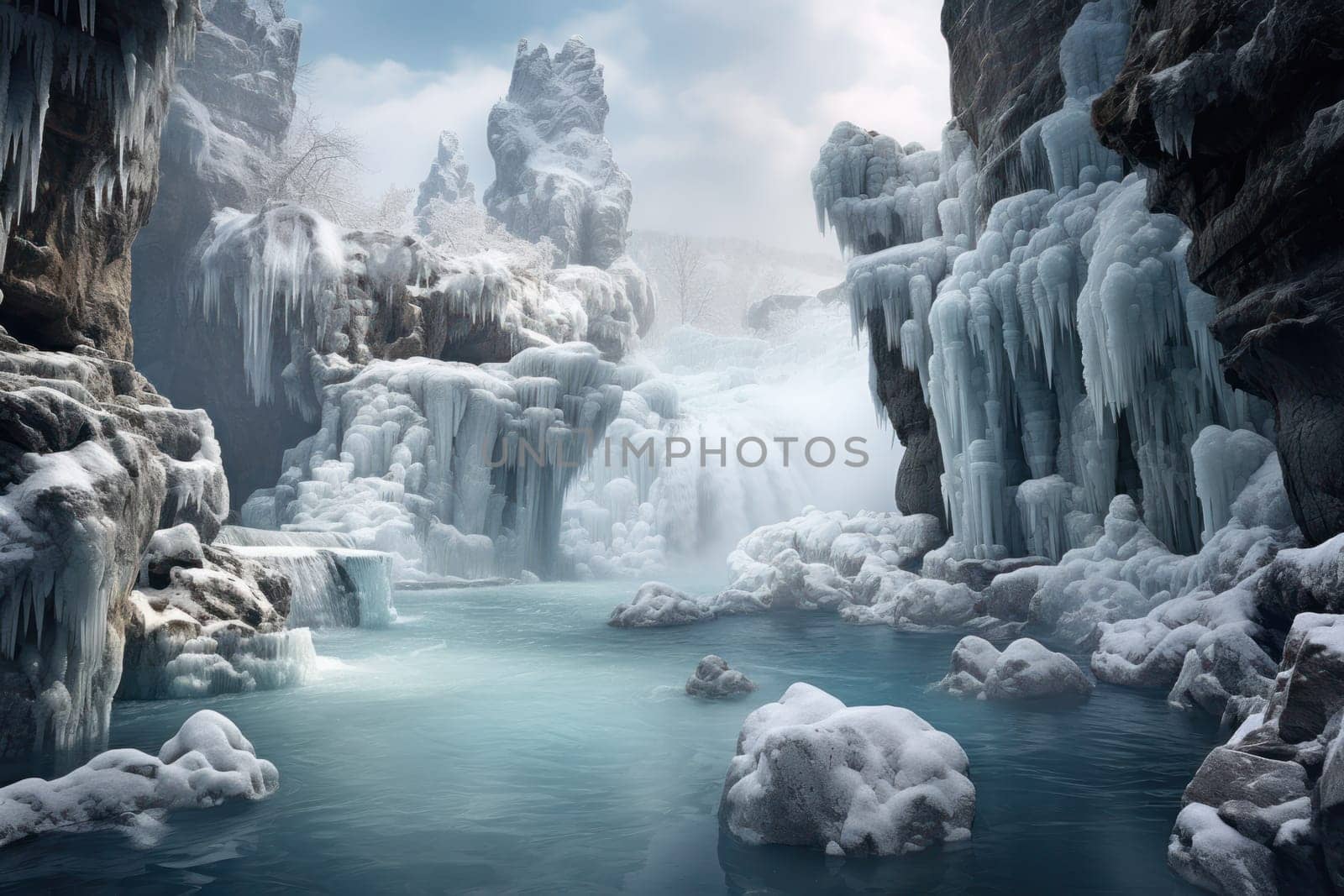 A mesmerizing display of the winter landscape, focusing on the distinctive and captivating frozen waterfalls found in chilly regions.